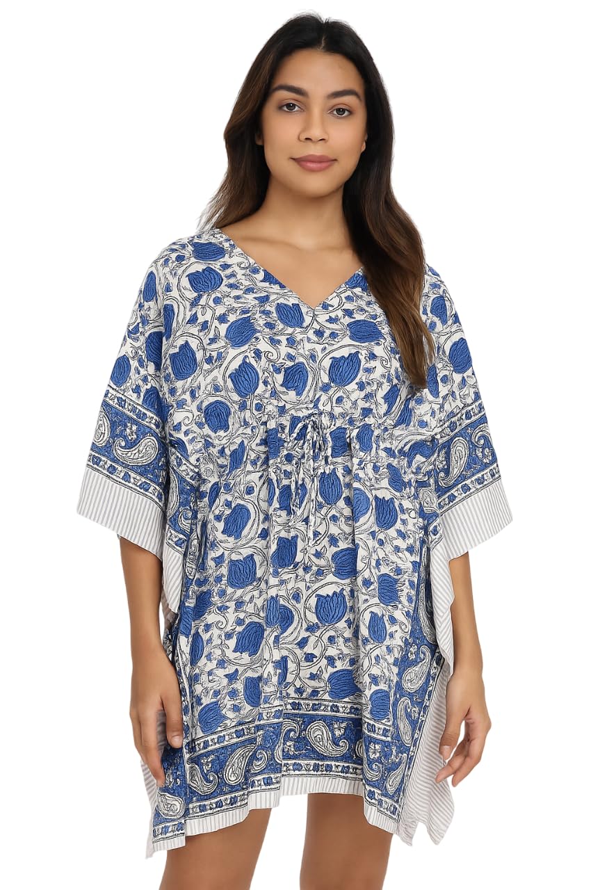 Short Hand Block Print Cotton Kaftan for Women | Pure Cotton Summer Wear | Loungewear, Beachwear, Nightwear | Free Size Comfort Tunic Dress