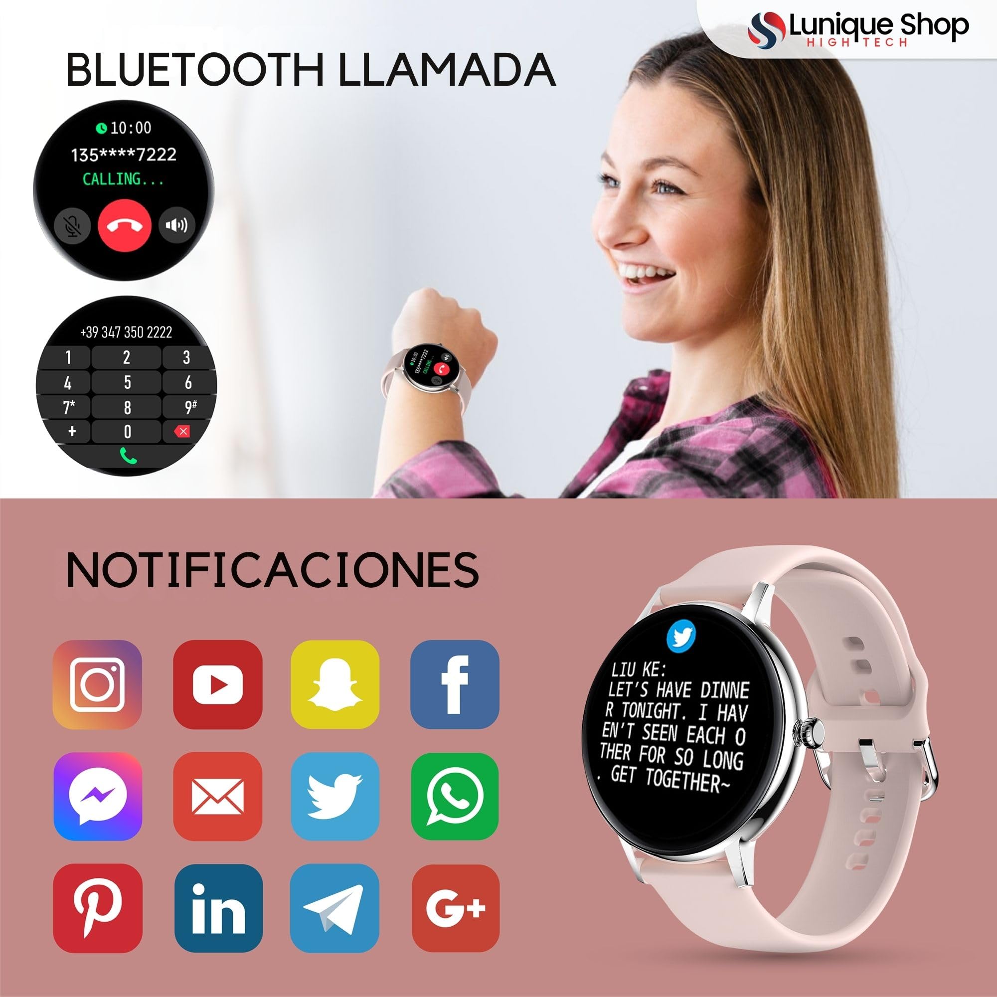 LSCALL Reloj Inteligente Mujer Hombre con Llamadas y Asistente Voz, Smartwatch 2 Correas, Monitor de Ritma Cardíaco y Sueño, Podómetro para Android iOS Rosa