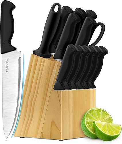 Juego de cuchillos, juego de 14 cuchillos de cocina, acero inoxidable alemán de alto carbono, bloque de cuchillos duradero, negro