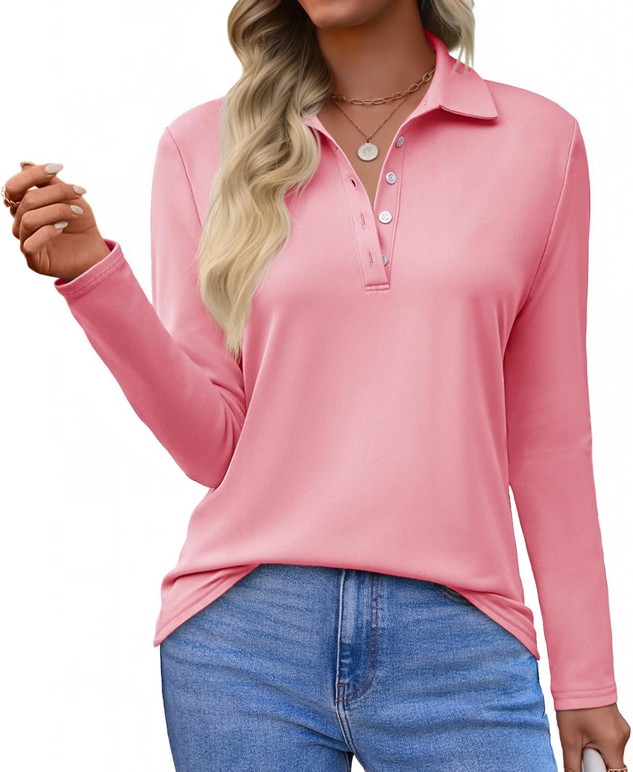 Tankaneo Womens Long Sleeve Polo Shirts Business Work Casual V Neck Collared Tops Button Down Loose Fit Tees Shirts