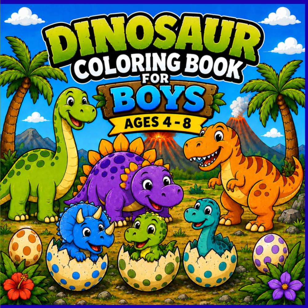 Dinosaur Coloring Book for Boys Ages 4 - 8: Big Bold Dinosaur Coloring Pages for Kids with T-Rex, Triceratops, Stegosaurus, Baby Dinosaurs, and More