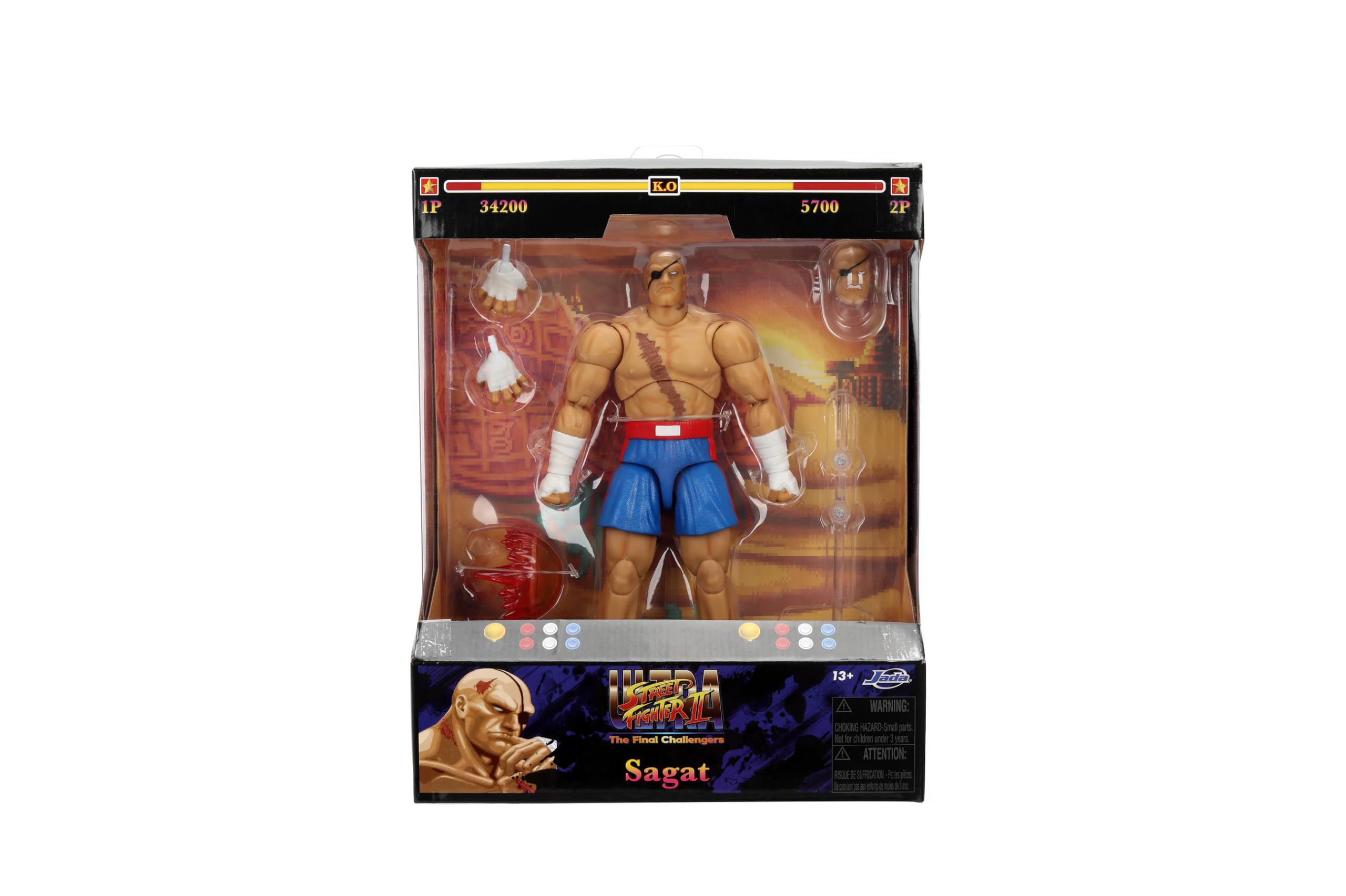 Jada Toys Street Fighter Figurine Sagat (19 cm) – Figurine Mobile de Collection et d'action de Street Fighter 2 The Final Challengers, avec tête, Mains et Accessoires alternatifs, à partir de 13 Ans