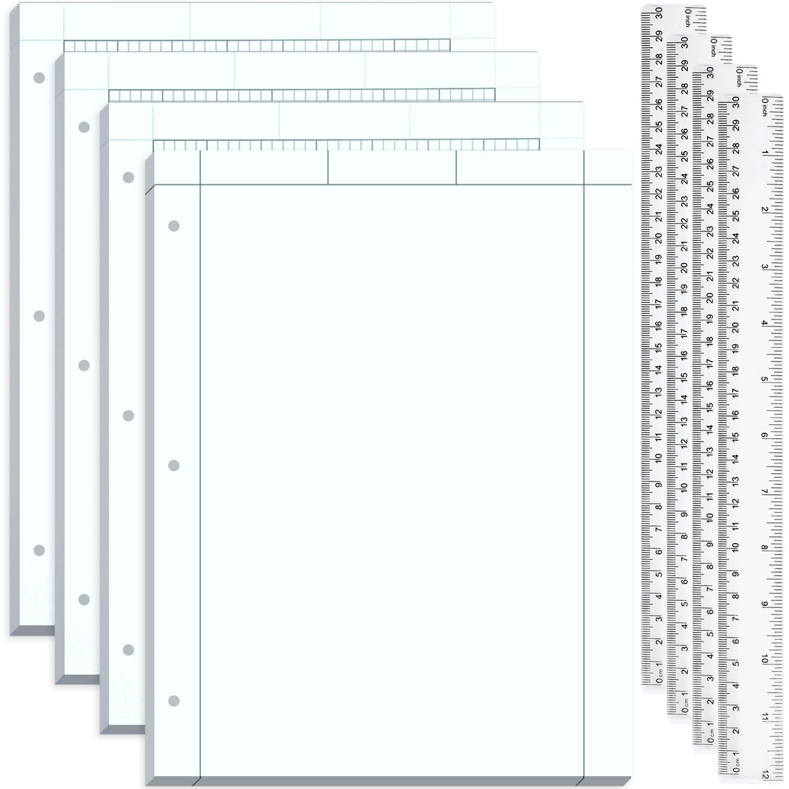 Feifeiya 4 Pack Engineering Paper Notebook Graph Paper Pads 8.5 x 11 Inches Engineer Computation Pad with Plastic Rulers 12 Inch,3 Hole 5x5 Quad Grid Engineering Pad, 100 Sheets/Pack (Blue)