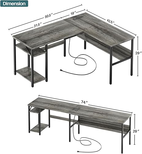 Miniatura 24 de Unikito Escritorio en forma de L con luz LED y toma de corriente, mesa de computadora de esquina reversible con soporte para monitor y estante de