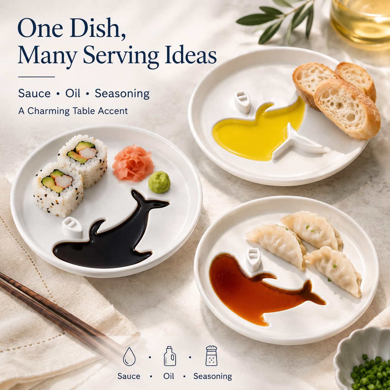 Lot de 10 plats à sauce soja en céramique blanche en forme de baleine, 15 cm pour huile d'olive, vinaigre