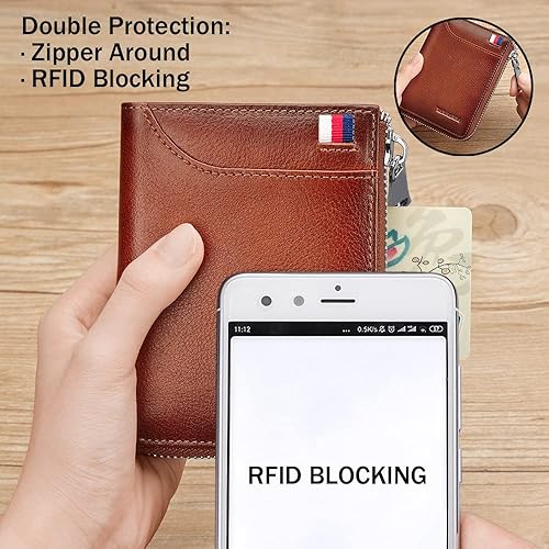 Miniatura 5 de VANNANBA Billetera de piel auténtica con cremallera para hombre, con bloqueo RFID, doble cremallera alrededor de billeteras con bolsillo para