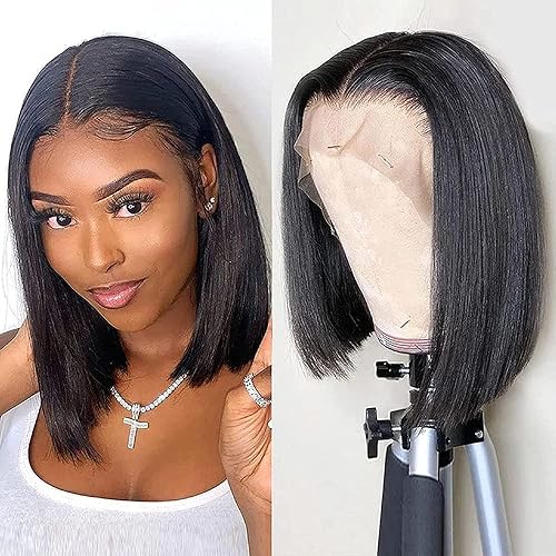 Short Bob Wigs Straight Human Hair Wigs for Black Women 13x4 Lace Front Wigs Human Hair 150% Density Brazilian Virgin Human Hair Straight Bob Wigs Pre Plucked with Baby Hair Natural Color (12inch)