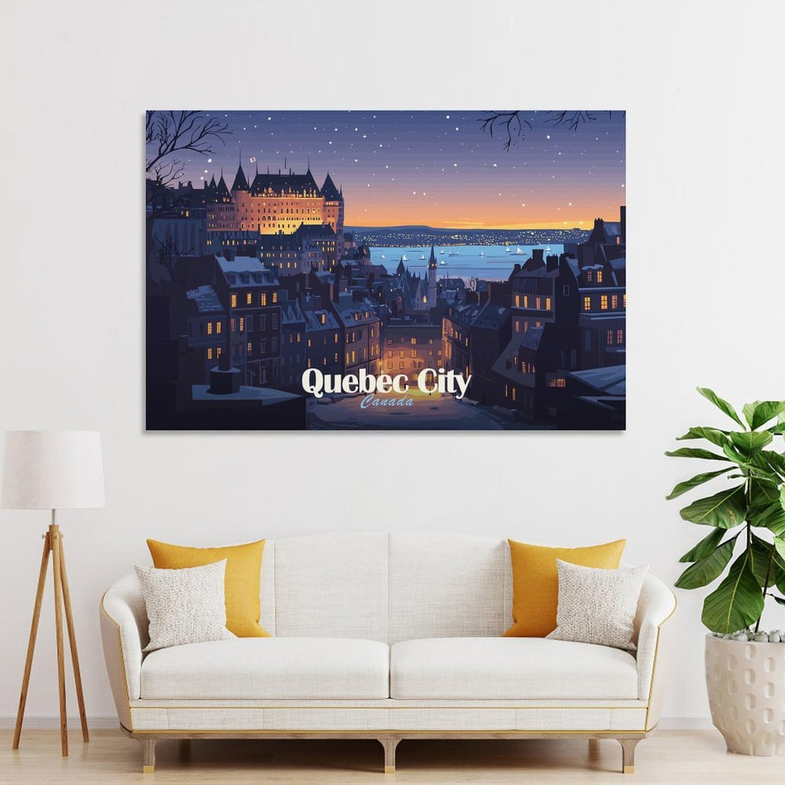Junmoney Unframe-Style-18 Quebec City At Night Illustration Canvas Wall Decor, 08X12inch(20X30cm), For Wall Displays, Bedrooms Or Room Updates, Wall Decor Suited To Curated Displays