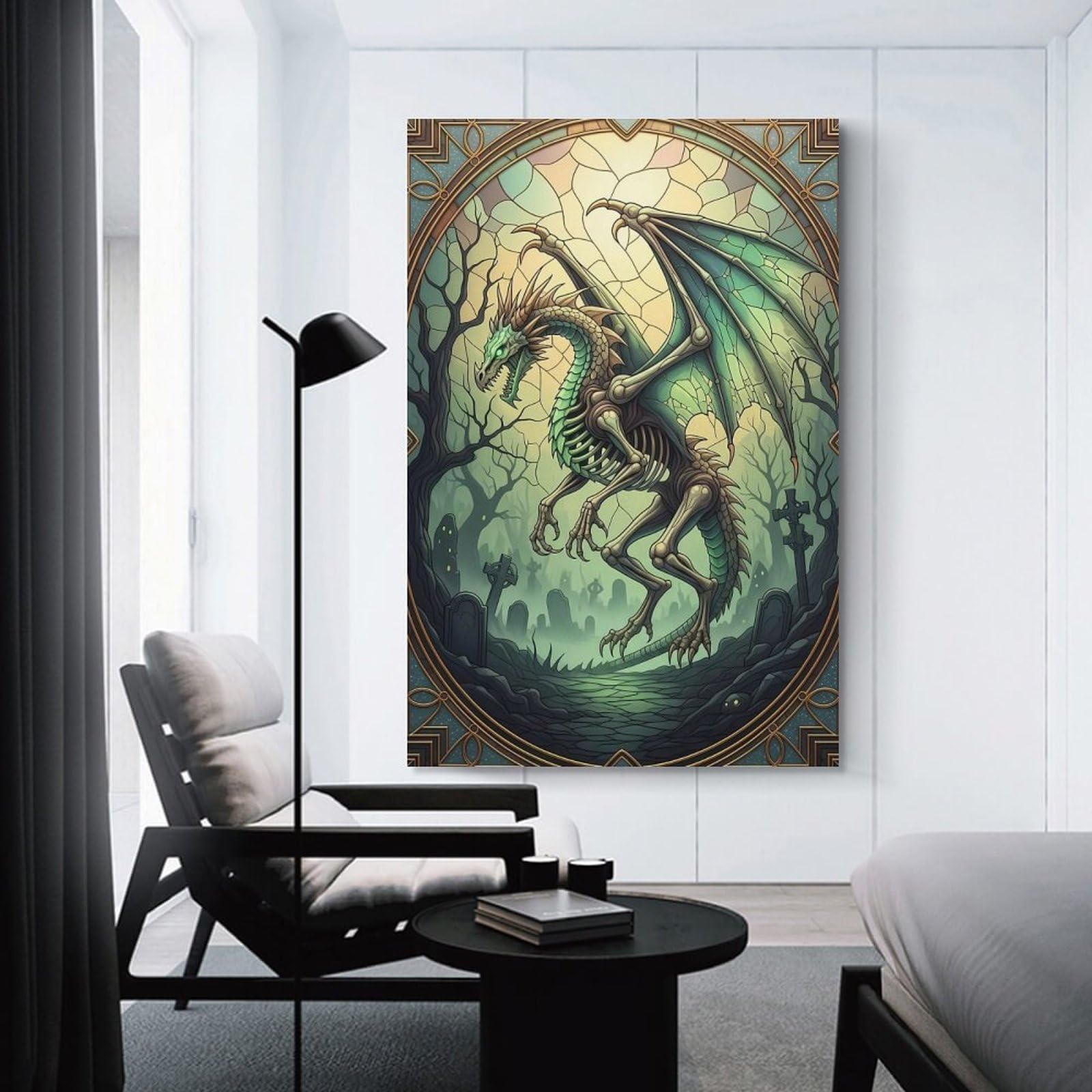 Junmoney Unframe-Style-18-2 Wall Picture Print Skeletal Dragon In Graveyard Stained Glass, 12X18inch(30X45cm), For Wall Displays, Bedrooms Or Room Updates, Wall Decor Suited To Curated Displays