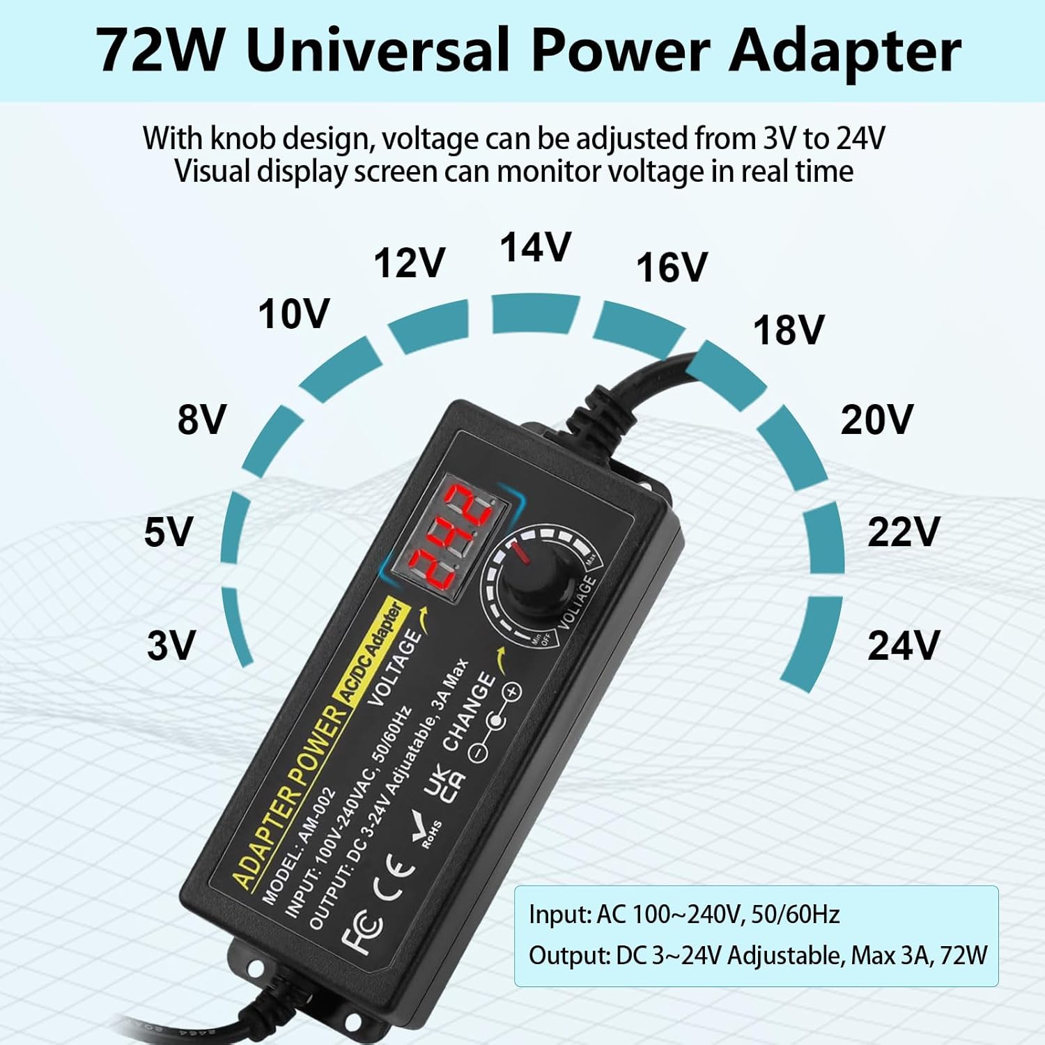 Adjustable Power Adapter, 3V ~ 24V Universal Power Supply 3A 72W AC/DC Adapter Variable DC Power Supply AC 100V-240V Universal AC Adapter Converter Transformer with Test Leads