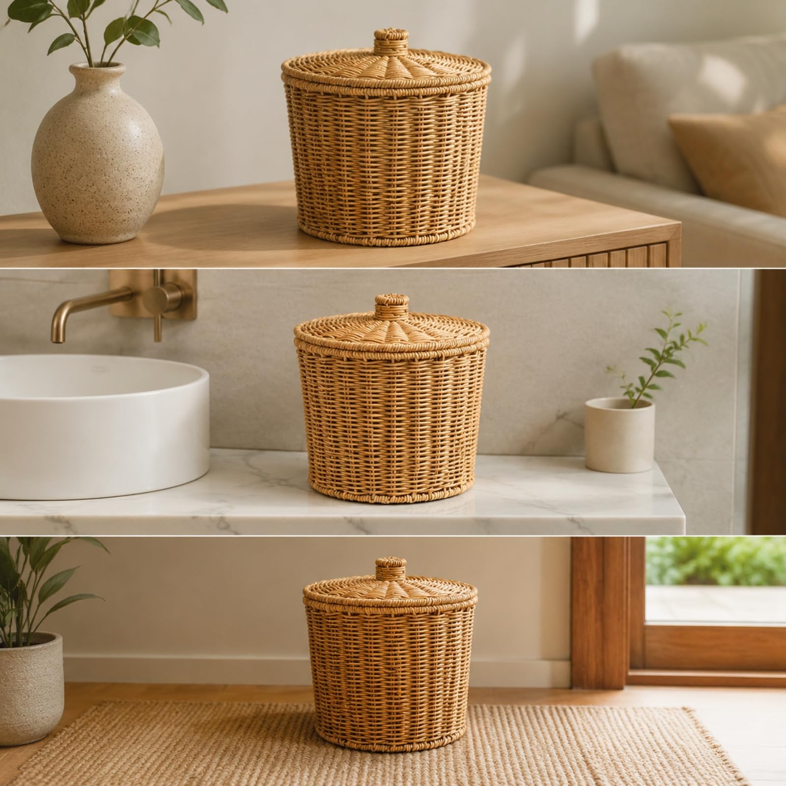 kowaku Cesta Cilínd Tejida con Tapa corativa Cesta Almacenamiento con Tapa Ajustada Resistente para Pasillo, 23.5cm