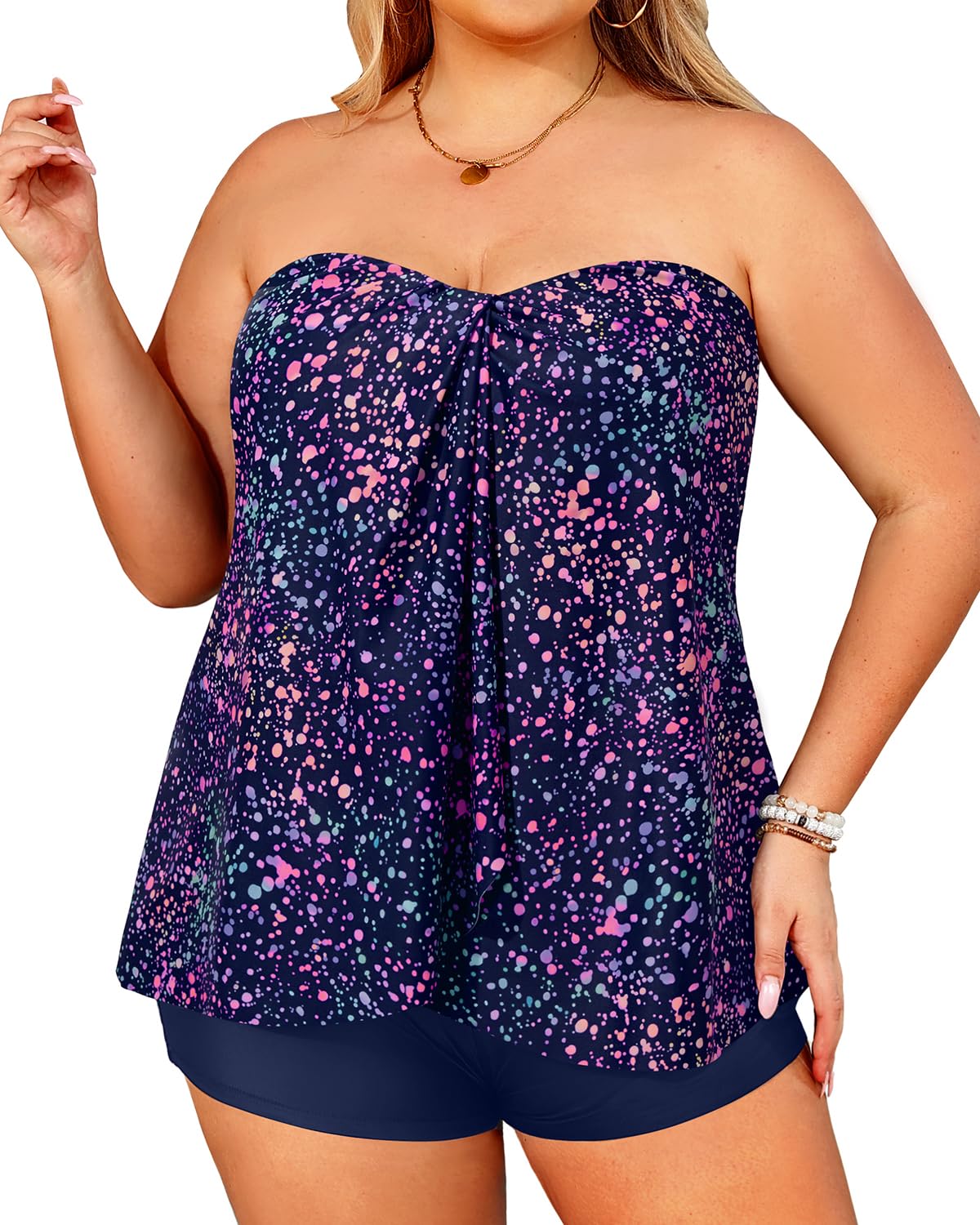 Plus Size Bandeau Tankini 2 Piece Halter Swimsuit with Shorts