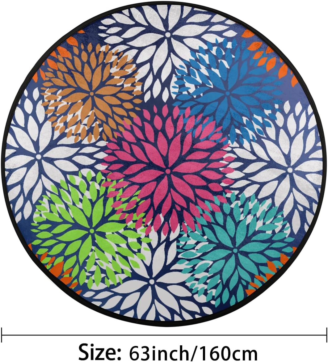 Round Rug 5ft Art Flower Blue Indoor Circle Area Circle Rugs Washable Non-Slip Bedside Indoor Doormat for Living Room Bedroom Playroom Nursery Room Decor Carpet Mat Splat Mat for High Chair