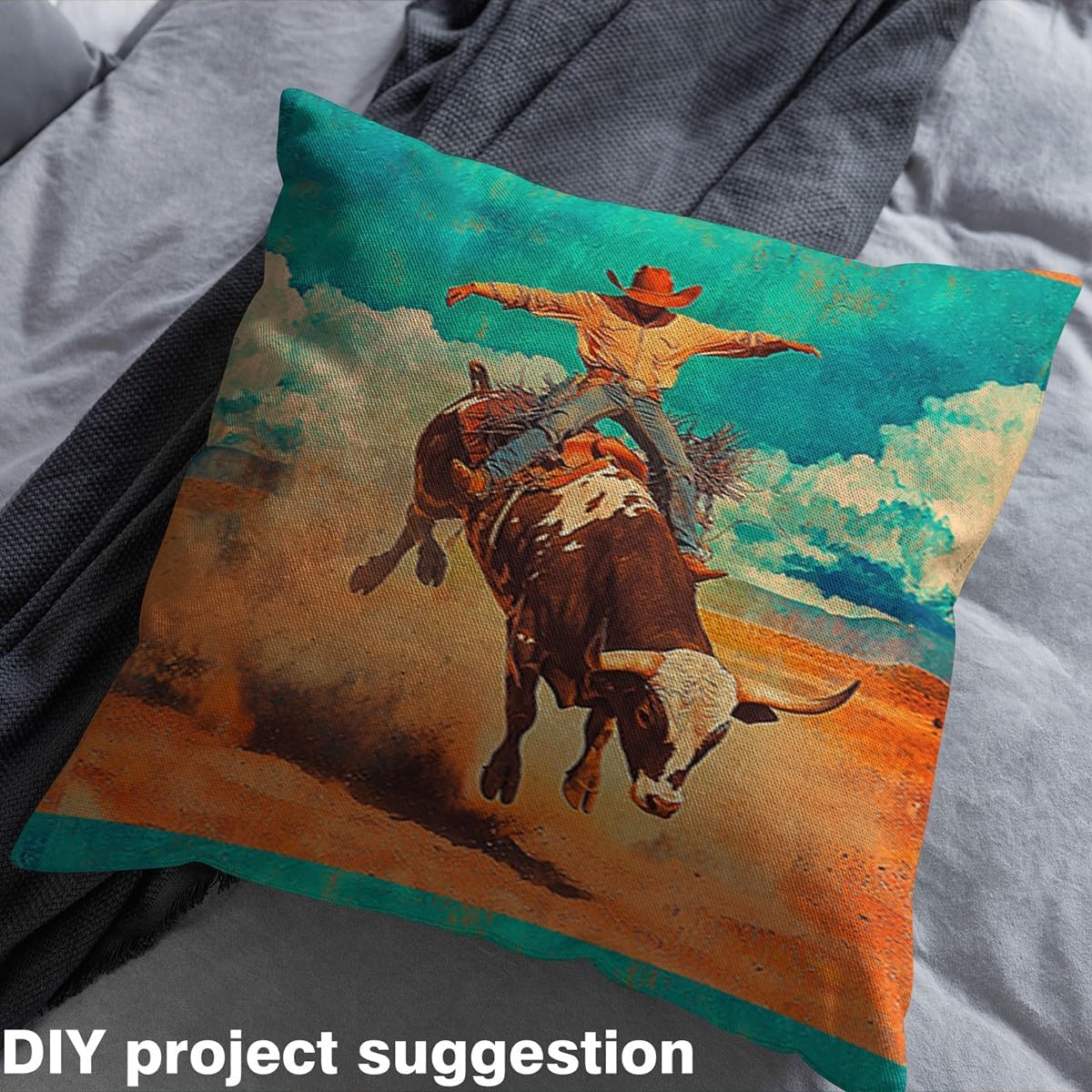 Western Cowboy Fabric by The Yard - Rustic Farmhouse Bull Cattle Upholstery for Chairs, Southwest Wild Desert Decorative, Watercolor Batik Outdoor Western Decor - Green Orange, 5 Yards