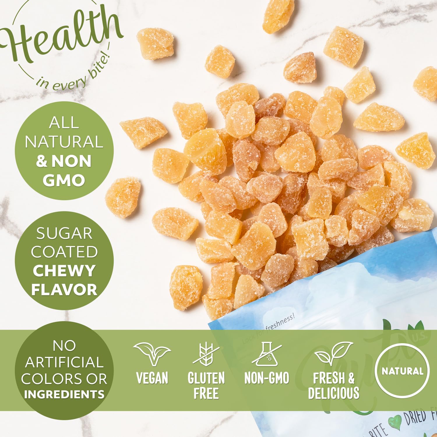 NUTS U.S. - Unsulphured Crystallized Ginger Chunks | No Artificial Colors | Fresh and Delicious Dried Gingers in Resealable Bag!!! (3 LBS)