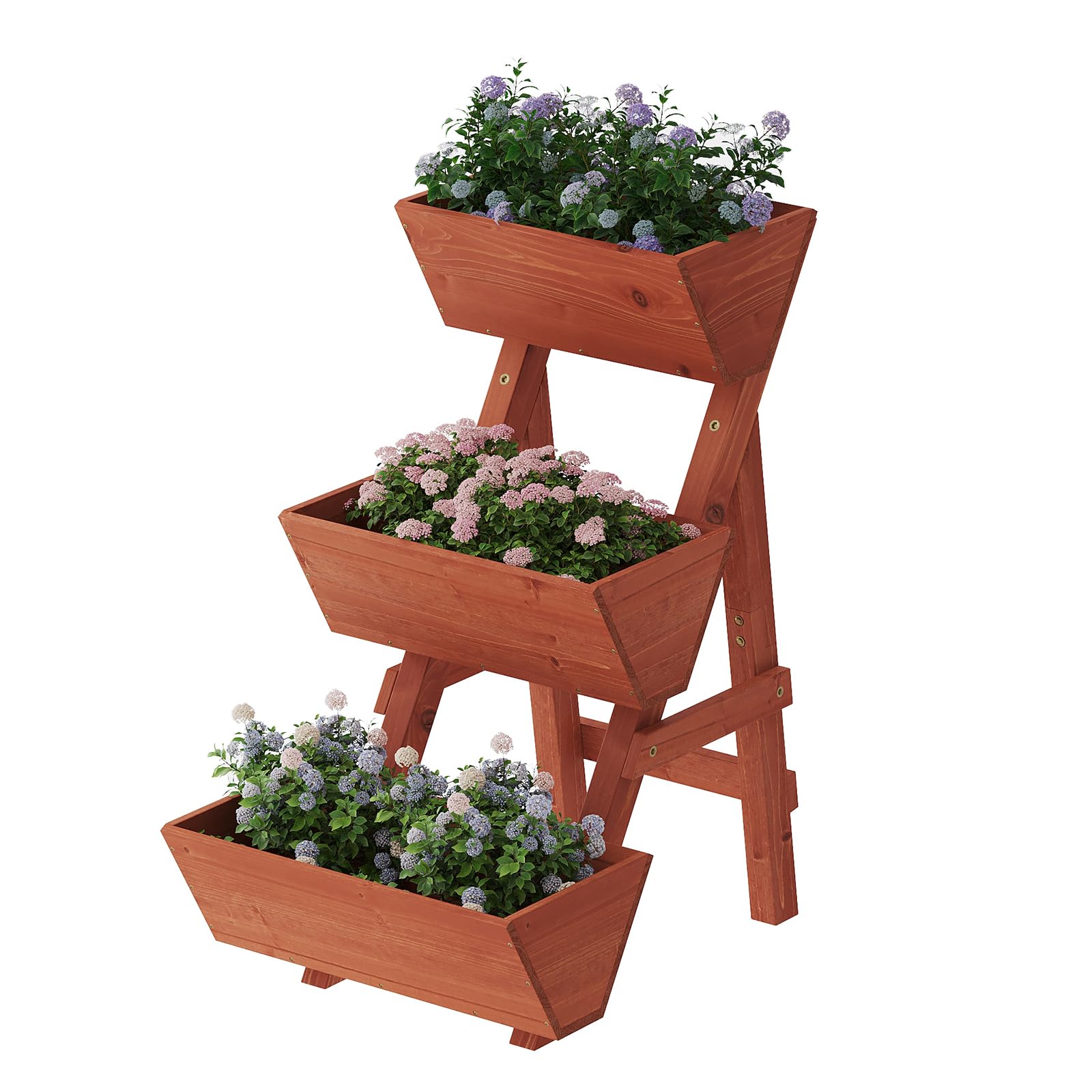 PULIJIAJU 3-Tier Wooden Vertical Raised Garden Bed with Legs, Tiered Planter Box, Vertical Garden Planter,Wood Plant Stand Wood Flower Rack for Patio, Balcony, Freestanding. (Brick Red-Small)