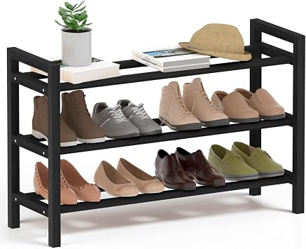 Haddockway Bamboo Shoe Rack for Closet, Free Standing Shoe Organizer with Smooth Round Rods & Convenient Handles, Stackable Shoe Storage Shelf for Entryway, HallwayBlack, 3-Tier
