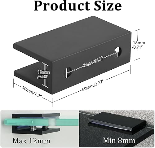 Miniatura 3 de Alise Soporte de ducha ajustable para estante de vidrio, soporte de abrazadera rectangular resistente para estantes de vidrio de 0.315-0.472 in,