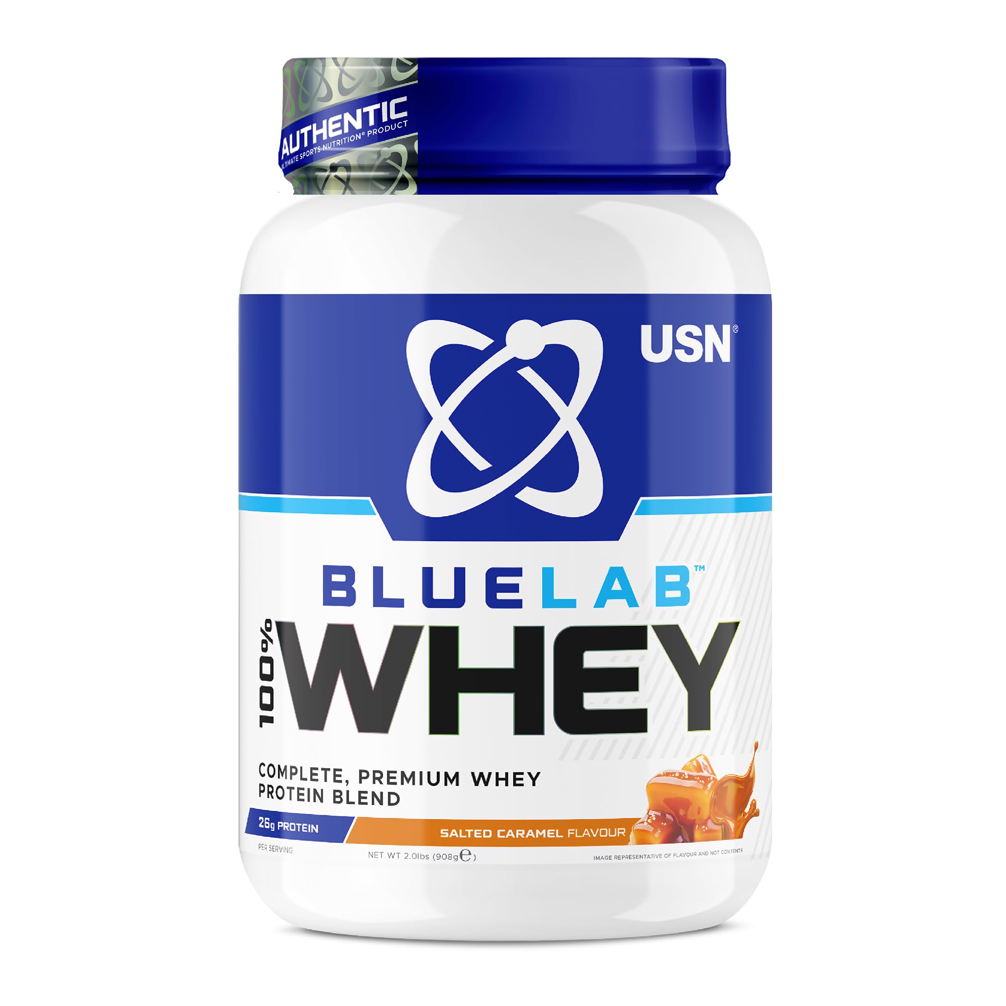 USN - Siero Di Latte 100% Blue Lab (908 G) - Proteine del siero di latte - Proteine di alta qualità - Caramello salato