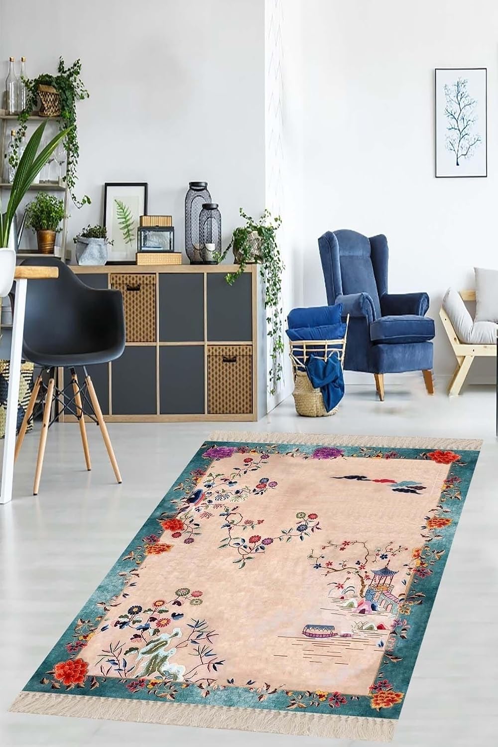 Pelangi Otantik Kilim Kuş Ve Çiçek Desenli Etnik Dijital Baskı Yıkanabilir Modern Salon Halı Ve Yolluk, Bej-Mavi 80 x 350