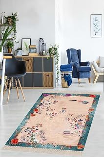 Pelangi Otantik Kilim Kuş Ve Çiçek Desenli Etnik Dijital Baskı Yıkanabilir Modern Salon Halı Ve Yolluk, Bej-Mavi 80 x 350