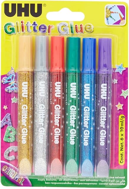 UHU 4026700390407 Original, Glitter Glue for Tinkering, Decorating and Creative Design in Tube with fine dosing tip, Blister 6 x 10 ml, Assorted
