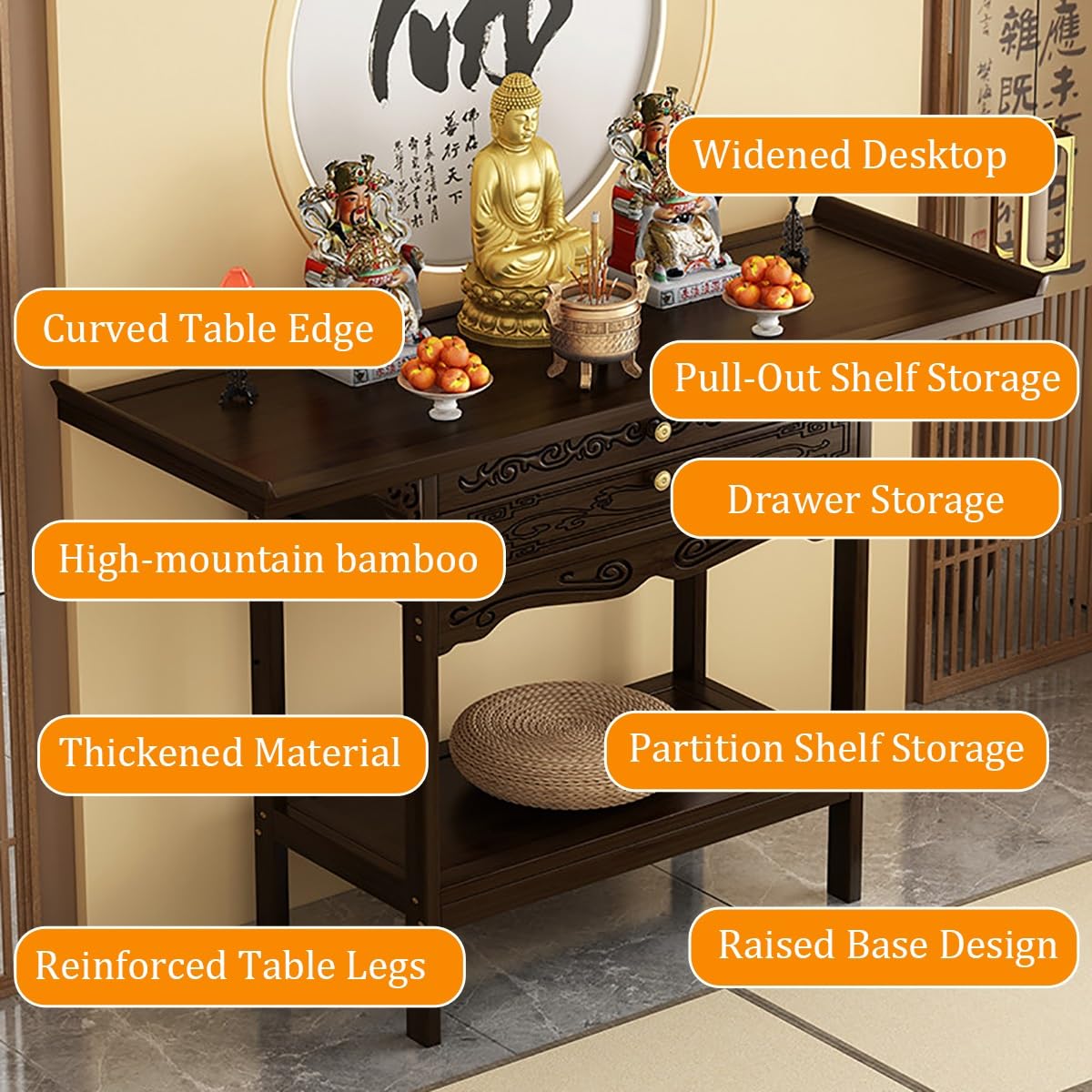 Autel Bouddhiste,Table D'autel Puja Wiccan en Bambou, Armoire Dieu de la Richesse,Style Modern, offrent Un culte aux ancêtres de Guanyin, Le Dieu de la Richesse(80cm,33cm)