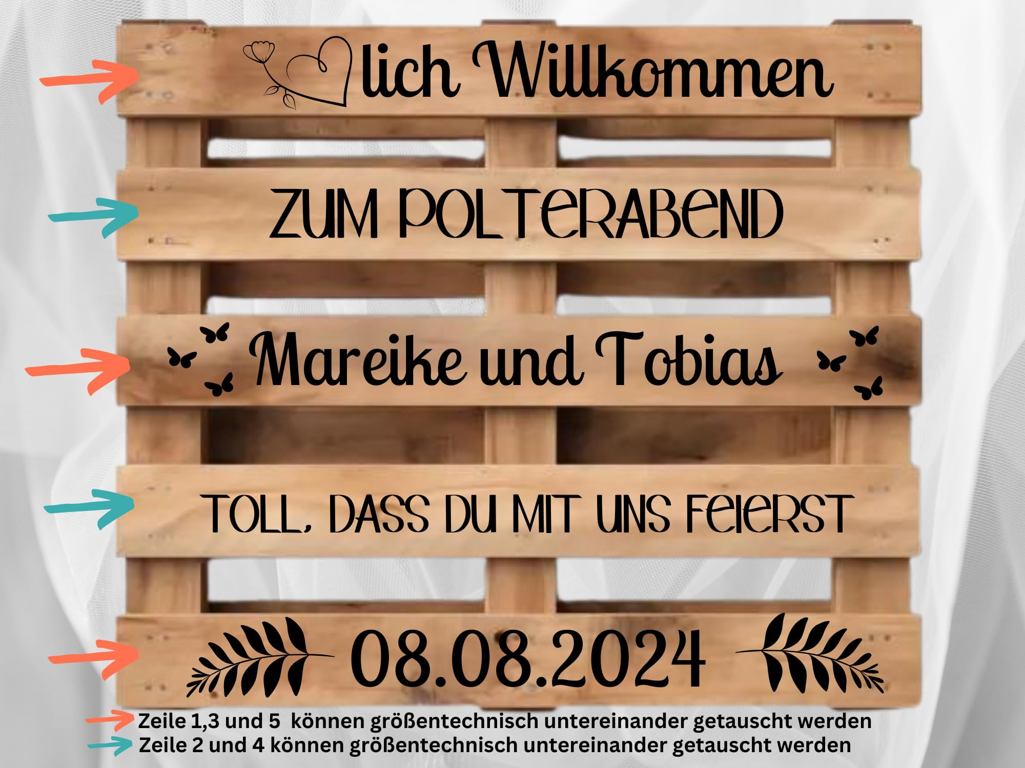 Palettenaufkleber Polterabend, personalisiert mit Namen und Datum in Schwarz oder Weiß, Aufkleber für Palette passend für Europalette, Diy Hochzeitspalette, Klebeschrift