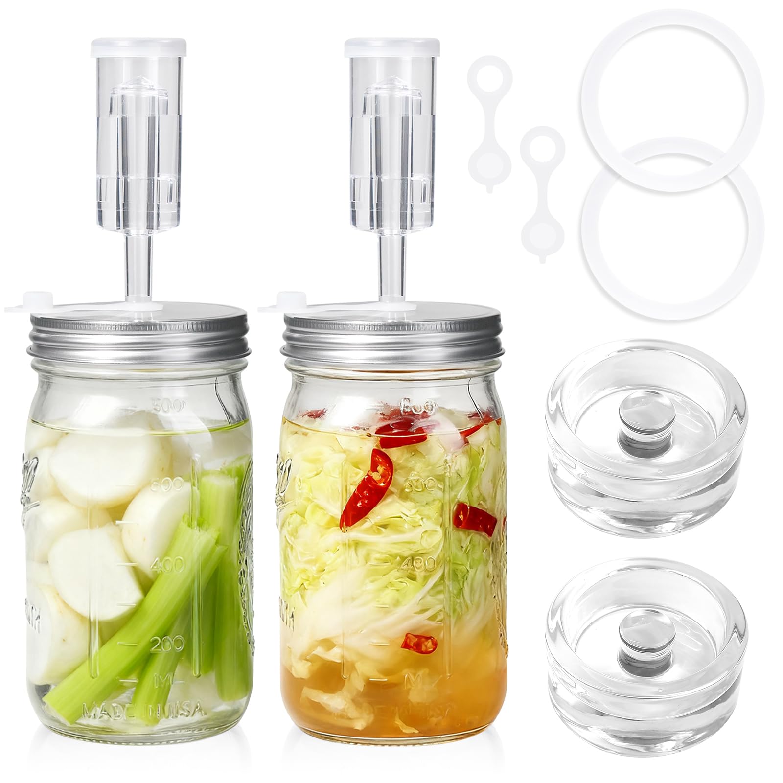 JOBVERT 2 Pack Fermentation Jar Kit,32 oz Mason Jar Fermentation Kit with Fermenting Weights and Airlocks,Wide Mouth Mason Jar for Pickling, Canning and Sauce
