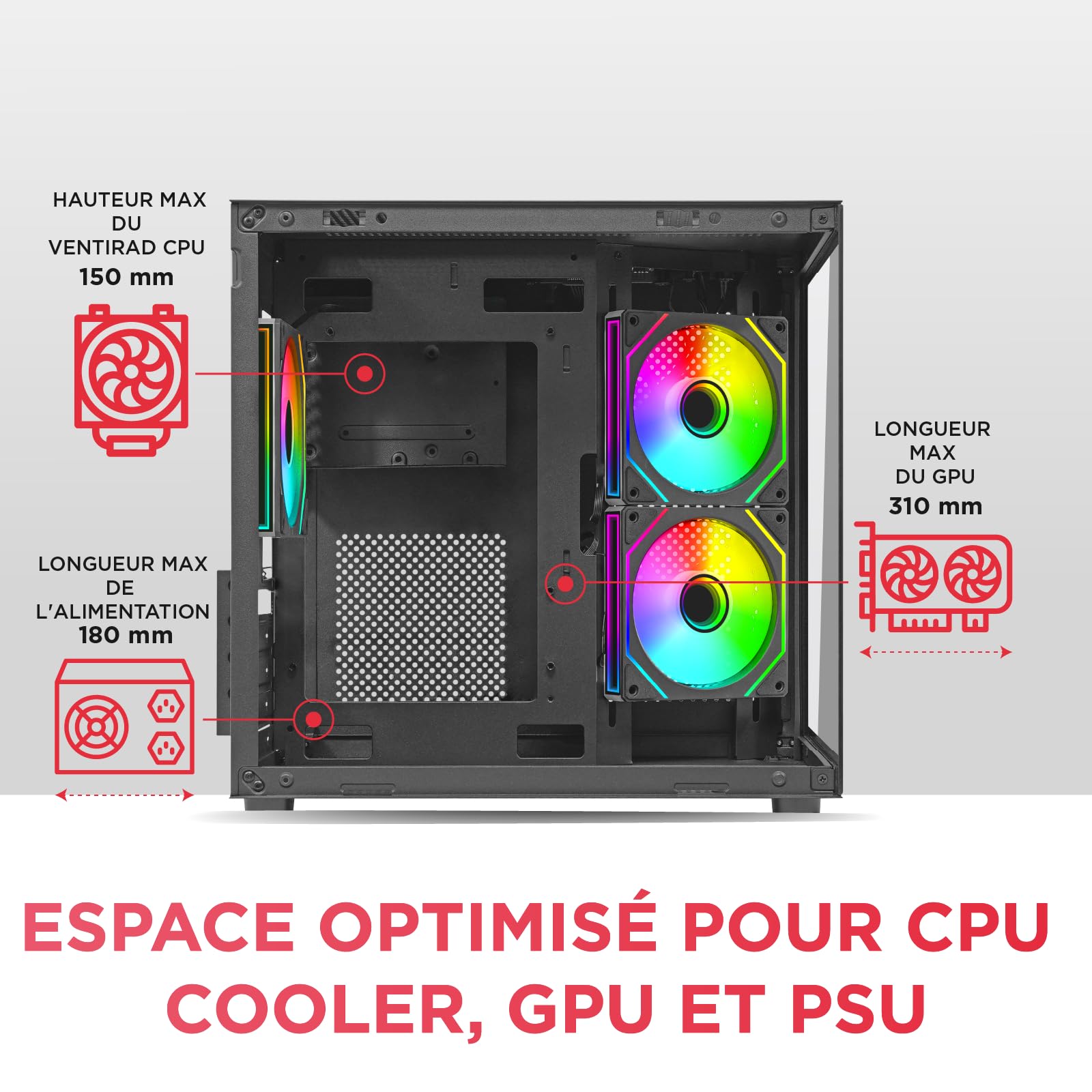 Nuwo Vitra BK100 | Boîtier PC Gaming Micro-ATX Micro Tour | 3 Ventilateurs ARGB 120 mm | Double caméra | Panneau Avant et latéral en Verre trempé | Noir