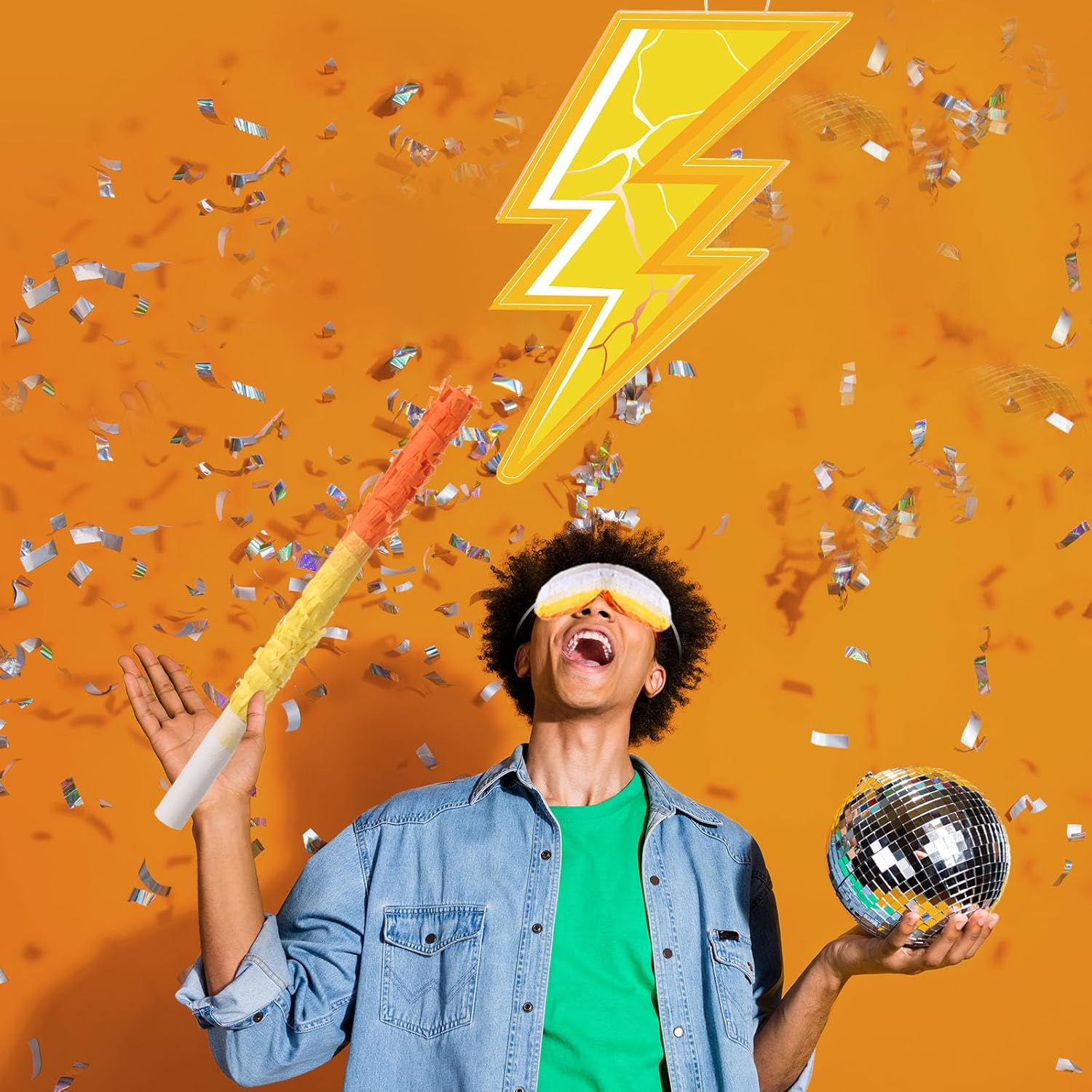 Pasimy Lightning Piñata with Blindfold and Stick Lightning Bolt Piñata Bundle for Flash Weather Theme Birthday Baby Shower Halloween Party Decorations Game Supplies, 12.20 x 16.14 Inch