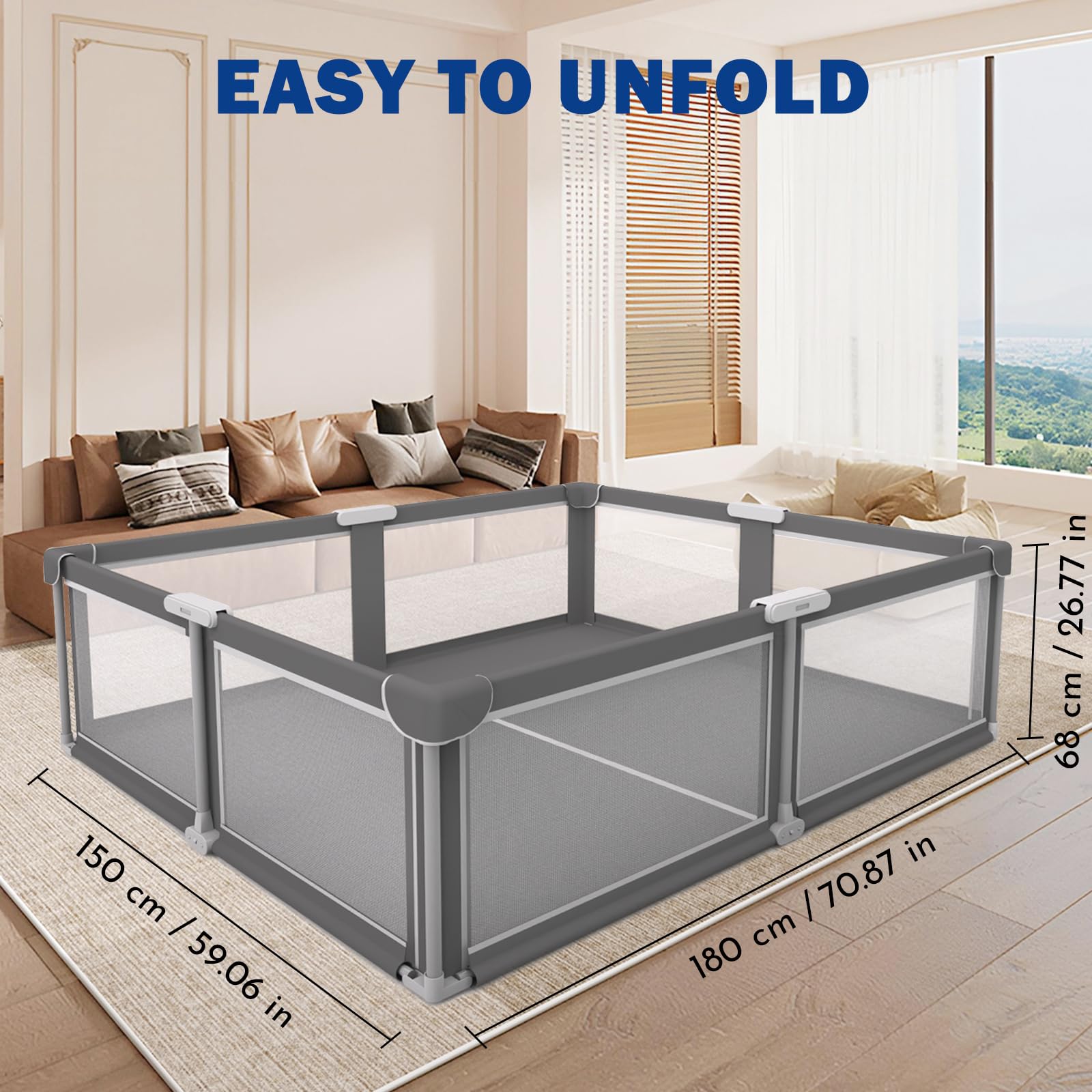 Laufstall Faltbar Baby Playpen - 1.5x1.8CM-Laufgitter, 1min-Schneller Aufbau, Sicher & Tragbar für drinnen & draußen (Grau)