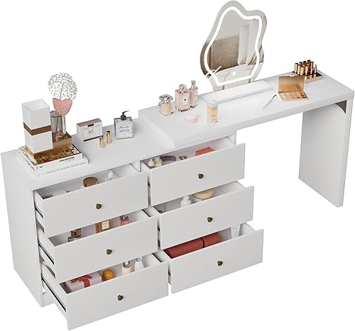 Miniatura 6 de PakaLife Escritorio de tocador con espejo iluminado, mesa de tocador extensible con 6 cajones, 3 modos de iluminación de color brillo ajustable,