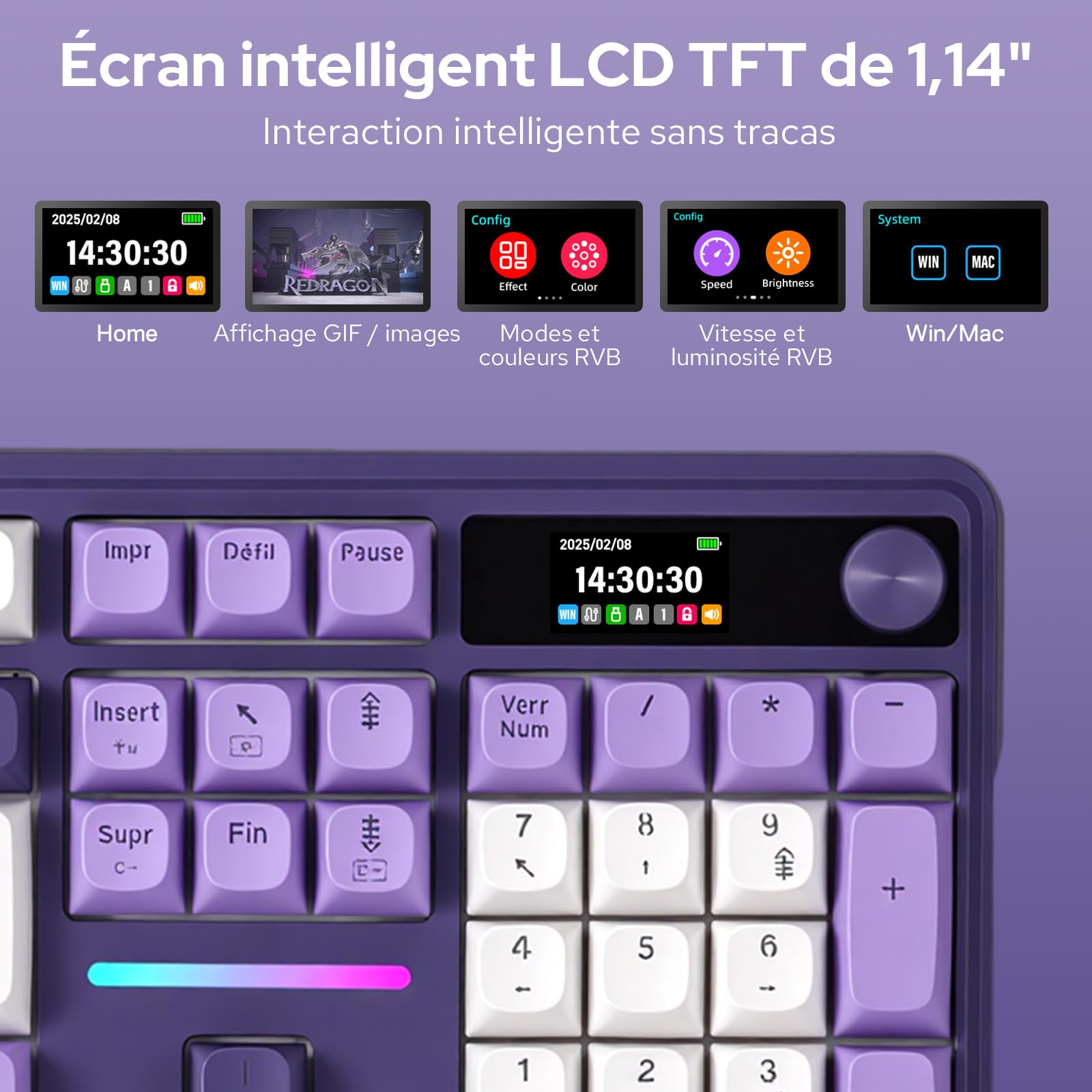 Redragon K762 Pro Clavier Mécanique AZERTY sans Fil Écran TFT et Molette | Tri Mode 2,4 GHz BT USB C Gasket 5 Couches Amortissement Touches PBT Rondes Switch Yolk Linéaire