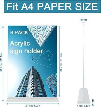 A4 Acrylic Sign Holder, 6pack Clear Display Table Sign Stand,T-Shape Double-Side Perspex Menu Display Stand,Poster Flyer Holder Picture Paper Frame for Office Shop Store Restaurant School Retail Fair