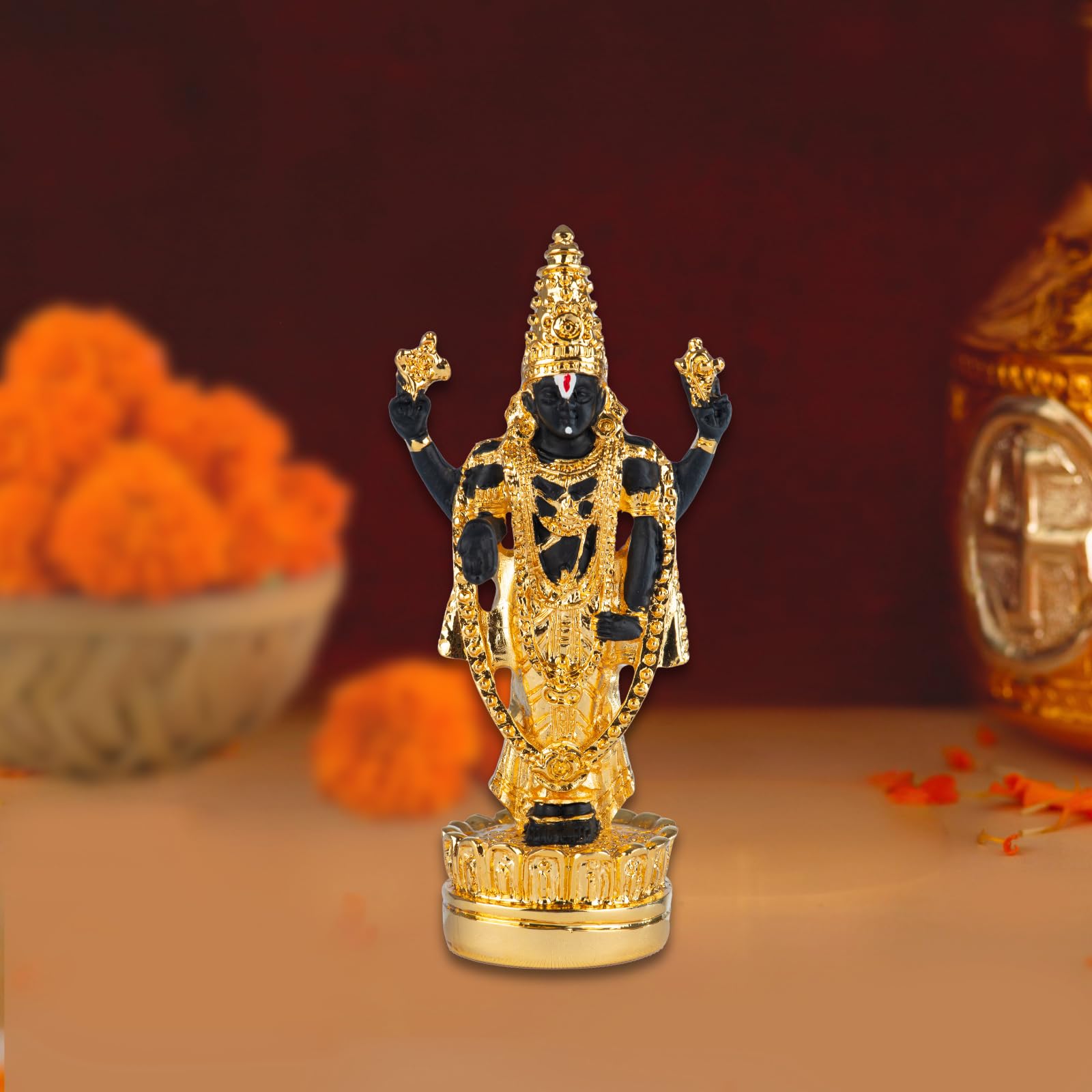 Gold Plated Premium Tirupati Balaji Venkateswara Idol for Car Dashboard, Hindu Home Decor and Gifting - 4.5 Inches (Gold and Black)