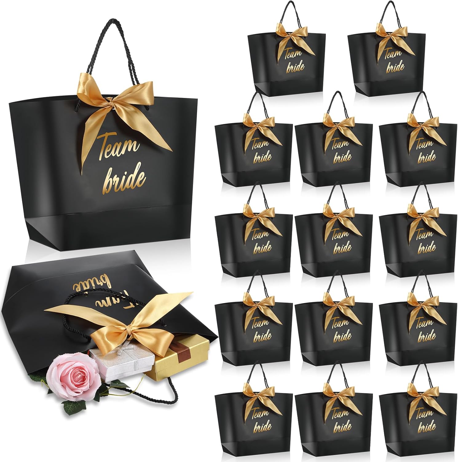 Tenceur 16 Pcs Team Bride Gift Bags with Bow Ribbon Bridesmaid Gift Paper Bags with Handle Black for Bridal Shower Weddings Bachelorette Parties
