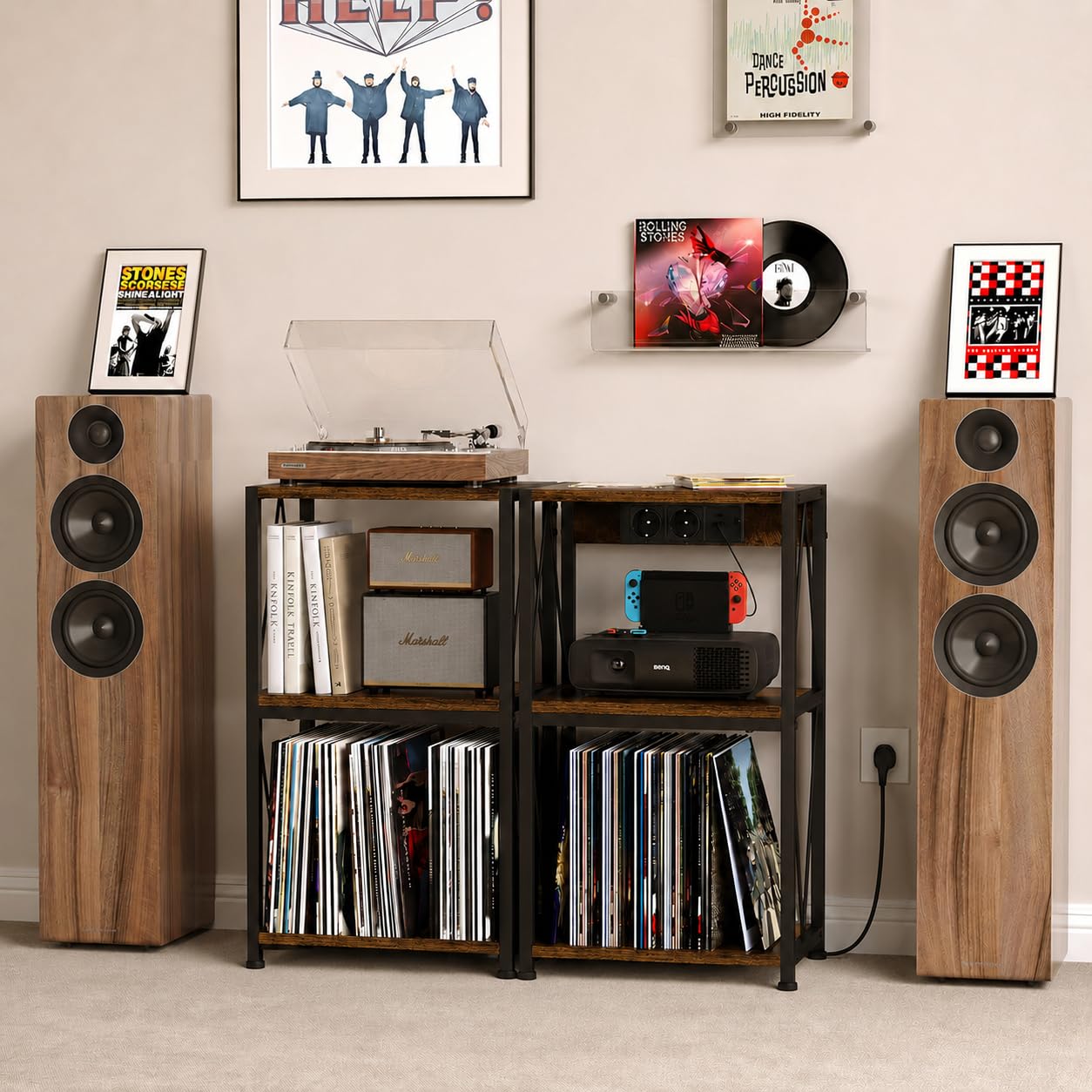 Estantería giratoria de versión mejorada con tablero de mesa más ancho de 50 x 40 cm, estante de 3 pisos, almacenamiento para 100 discos de vinilo, mesa auxiliar para salón o dormitorio