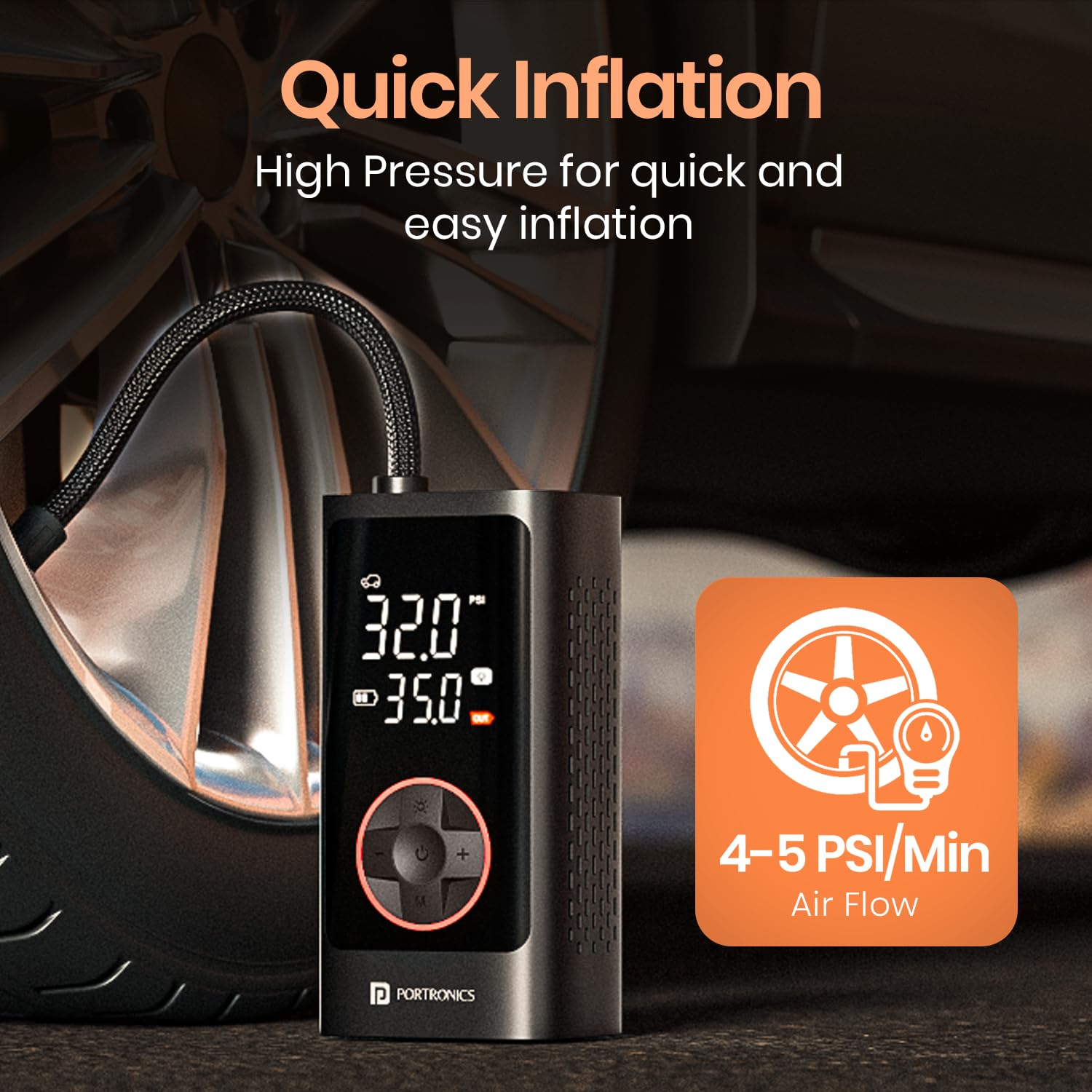 Portronics Vayu 7.0 Tyre Inflator, Full-Size Digital Display, 4000 mAh Battery, 150 PSI Pressure, Preset Modes, Flashlight with SOS, Pressure Detection, for Cars, Bikes, Bicycles & Balls(Black) - Image 8 thumbnail