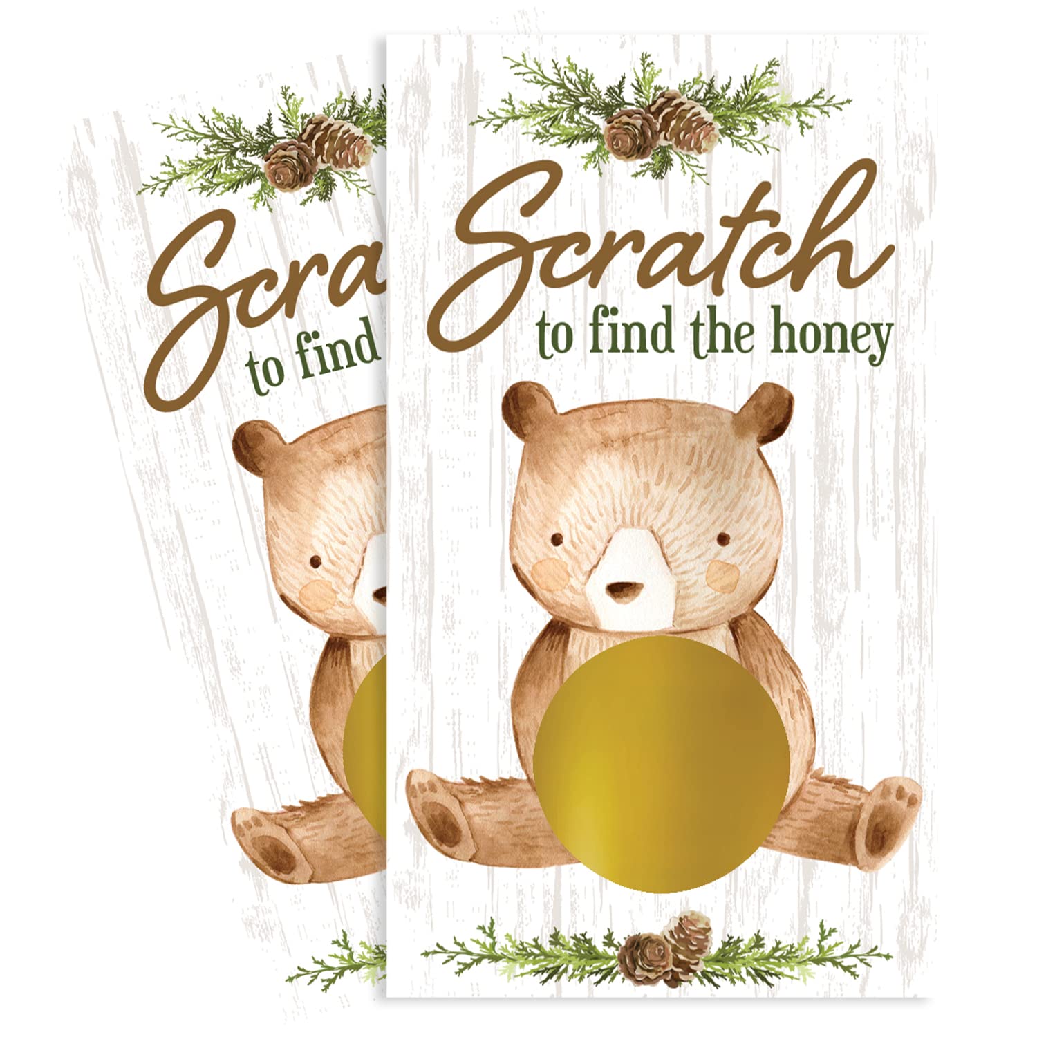 DISTINCTIVS Woodland Teddy Bear Baby Shower Scratch Off Party Game, We Can Bearly Wait Gender Reveal Party Activity - 28 Cards