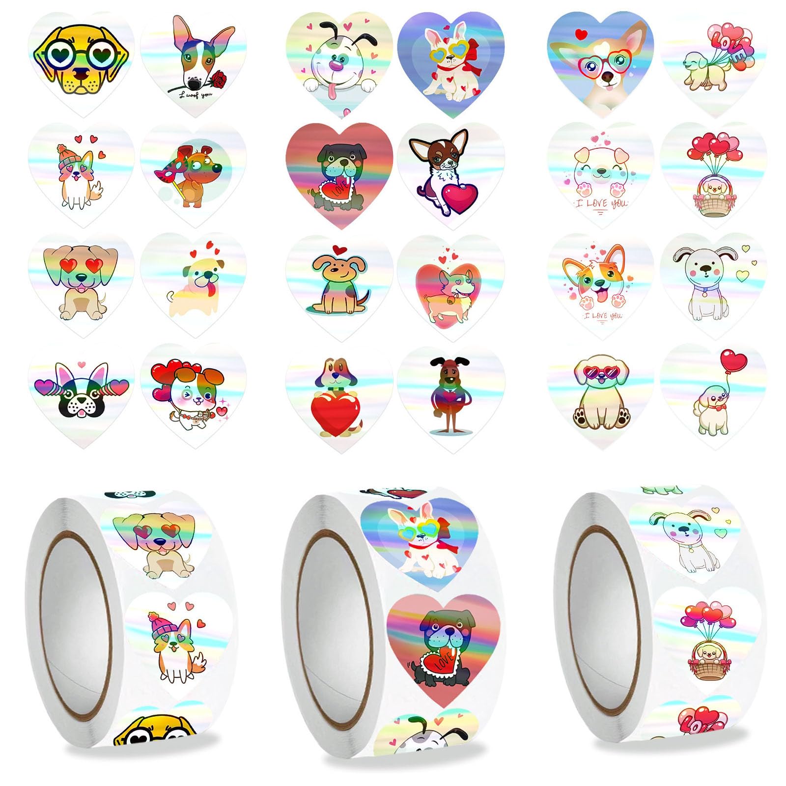 600 Holographic Heart Stickers Roll with Crystal Finishes and 20+ Dog Designs - for Journaling, Scrapbooking, Card Decoration, Envelope Sealing and Creative Gift Wrapping Projects