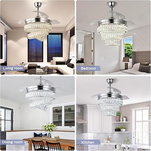 Miniatura 7 de Finktonglan Ventilador de techo Fandelier de 42'' con luz, Ventilador de techo con lámpara de araña LED de cristal con control remoto retráctil,