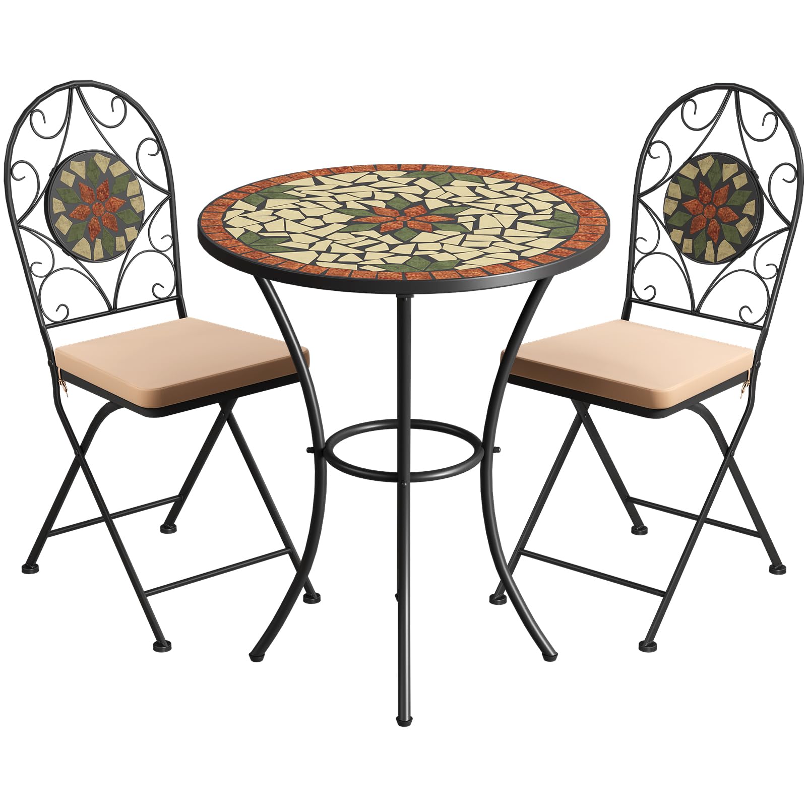 Warmiehomy 3 Piece Mosaic Bistro Sets for 2 for Garden, Natural Stone Pattern Outdoor Table and Chairs Cushioned Seats, Metal Foldable Patio Furniture Set for Garden Balcony Courtyard Outdoor Dining