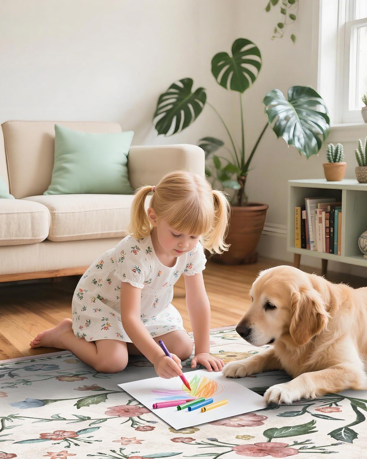 3x5 Area Rug for Nursery Girl Pink Floral Boho Washable Rug Soft Low Pile Non Slip Beige Flower Carpet Rug for Bedroom Playroom Living Room Dining Room(Beige, 3' x 5')