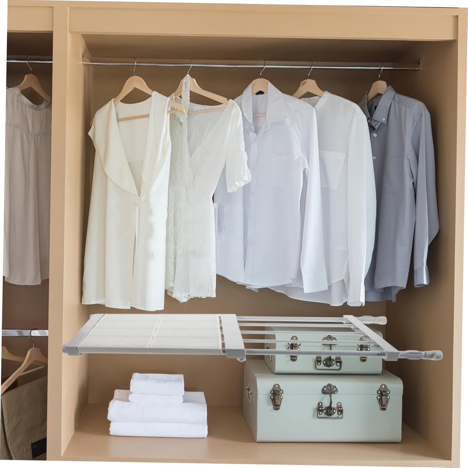 Expandable Adjustable Tension Shelf for Closet No-Drill Wardrobe Divider Rack for Efficient Storage Bedroom and Living Room Maximize Space Versatile Organization