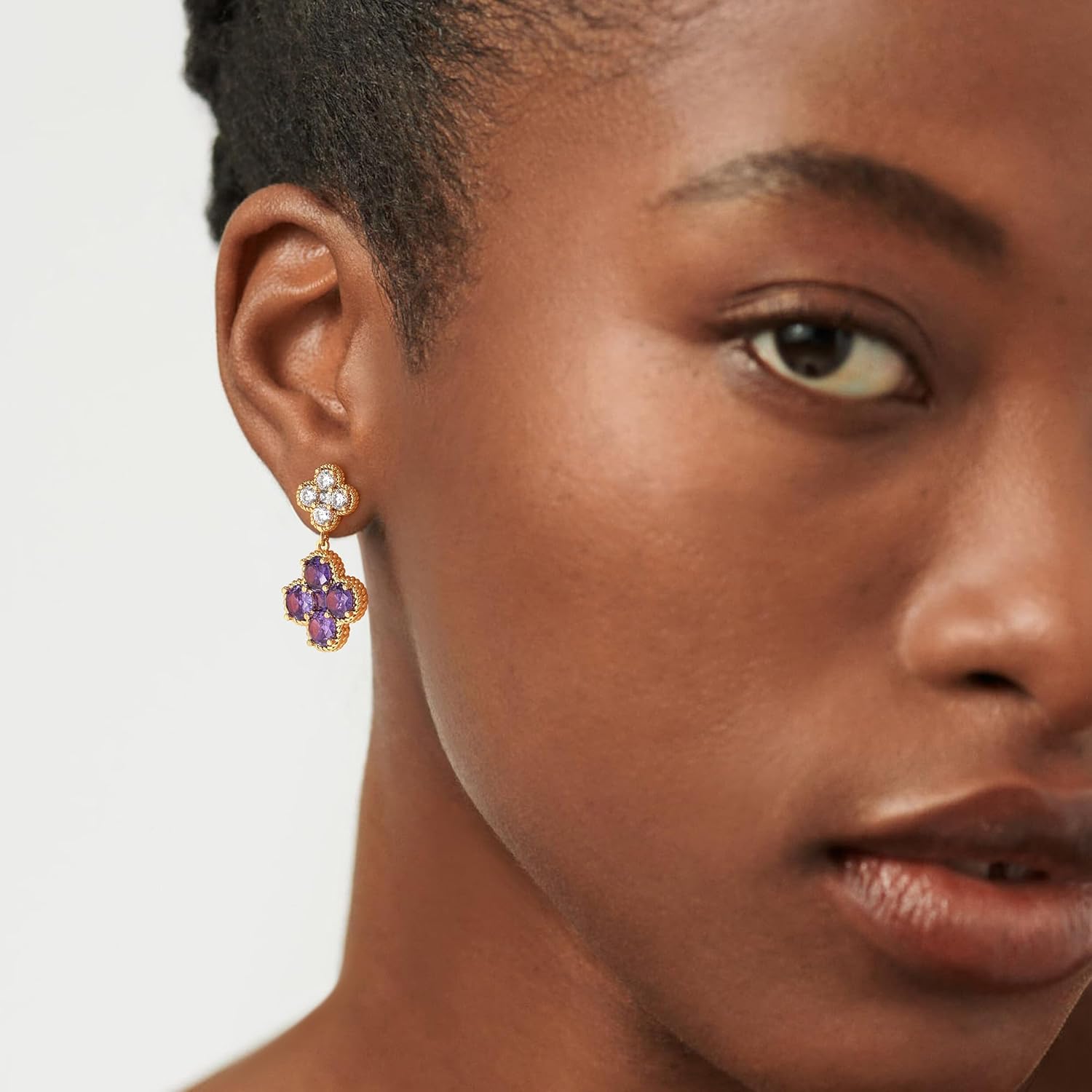 14K Gold Plated Double Plum Blossom Dangle Birthstone Four Leaf Clover Stud Earrings for Women, Hypoallergenic Drop Trendy Dainty Gold Earrings Birthday Gifts - Image 6