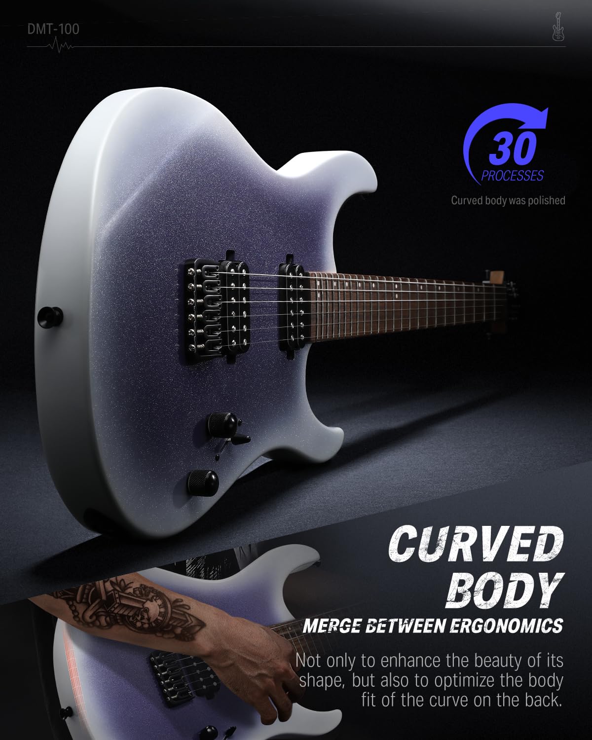 Donner Corps solide guitare électrique, DMT - 100 39 métal guitare électrique kit avec micros H - H, sac, cordes, sangles, câbles, amortisseur de cordes pour les amateurs de Rock (dégradé violet)
