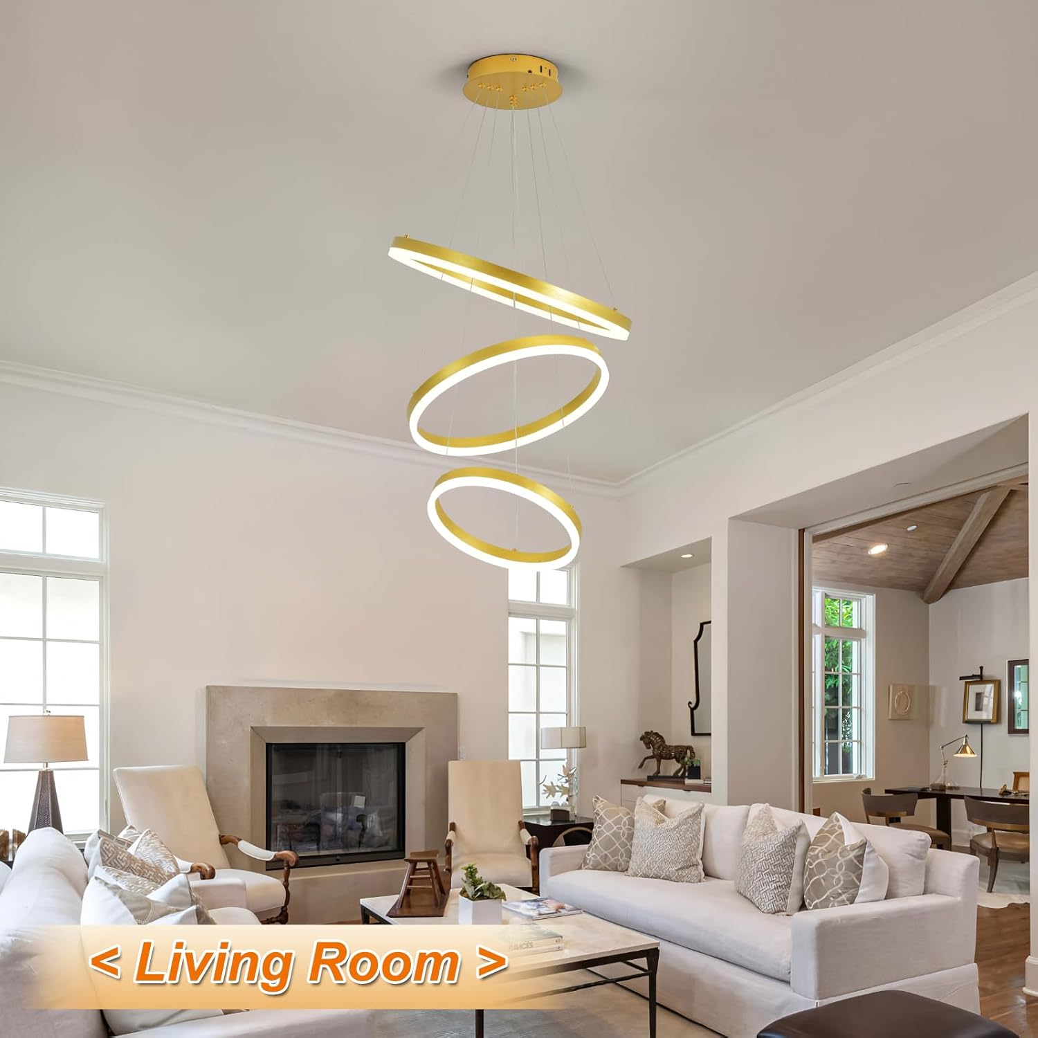 3-Ring Modern Gold LED Chandelier Dimmable Pendant Light with Remote Control Flush Mount High Ceiling Circle Light Fixture for Dining Bed Living Room Foyer 3000K-6500K