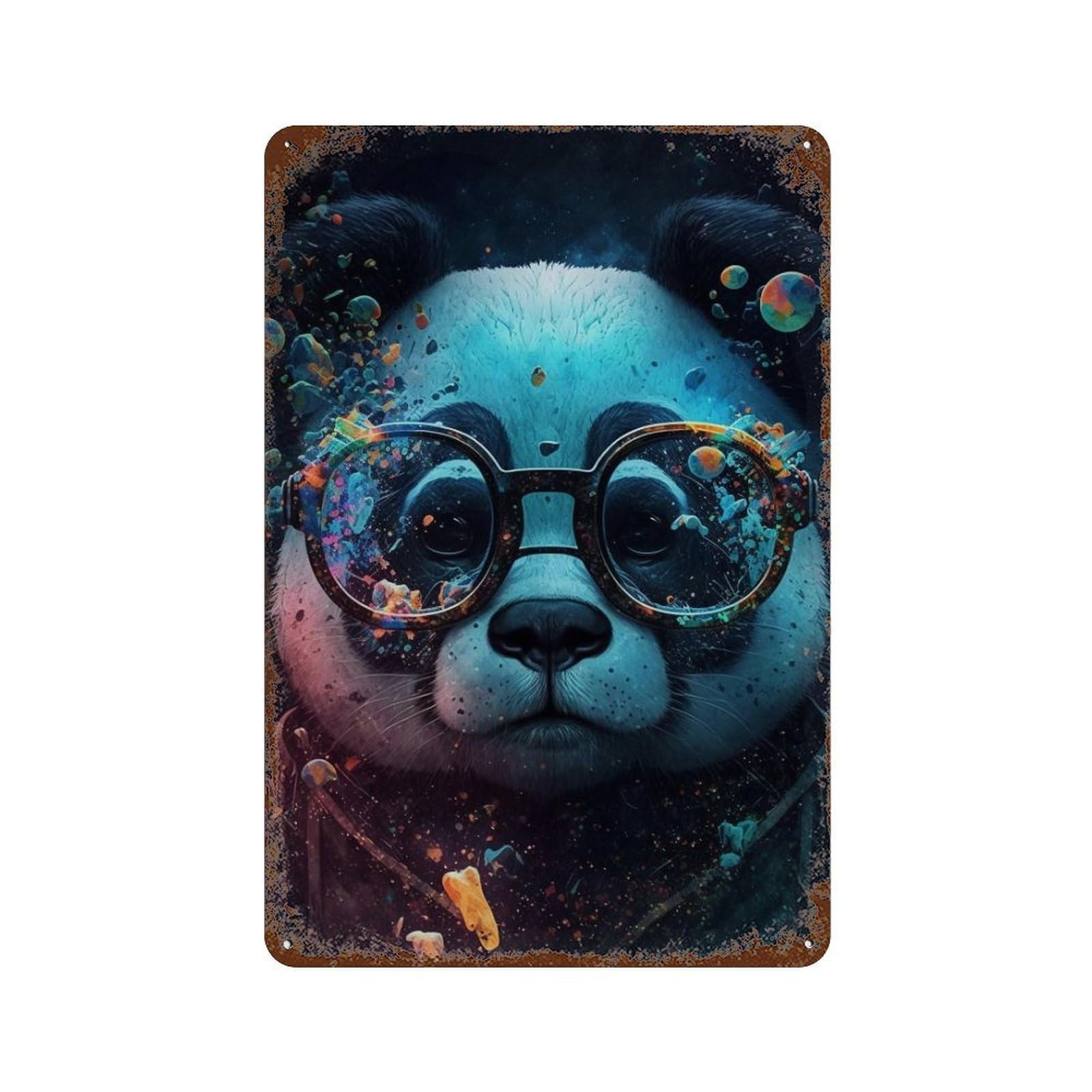 Colorful Panda Glasses Art Print -2 Aged Metal Wall Plaque 11.8"x7.9", for Garage, Bar And Workshop Decor, Farmhouse Wall Decor