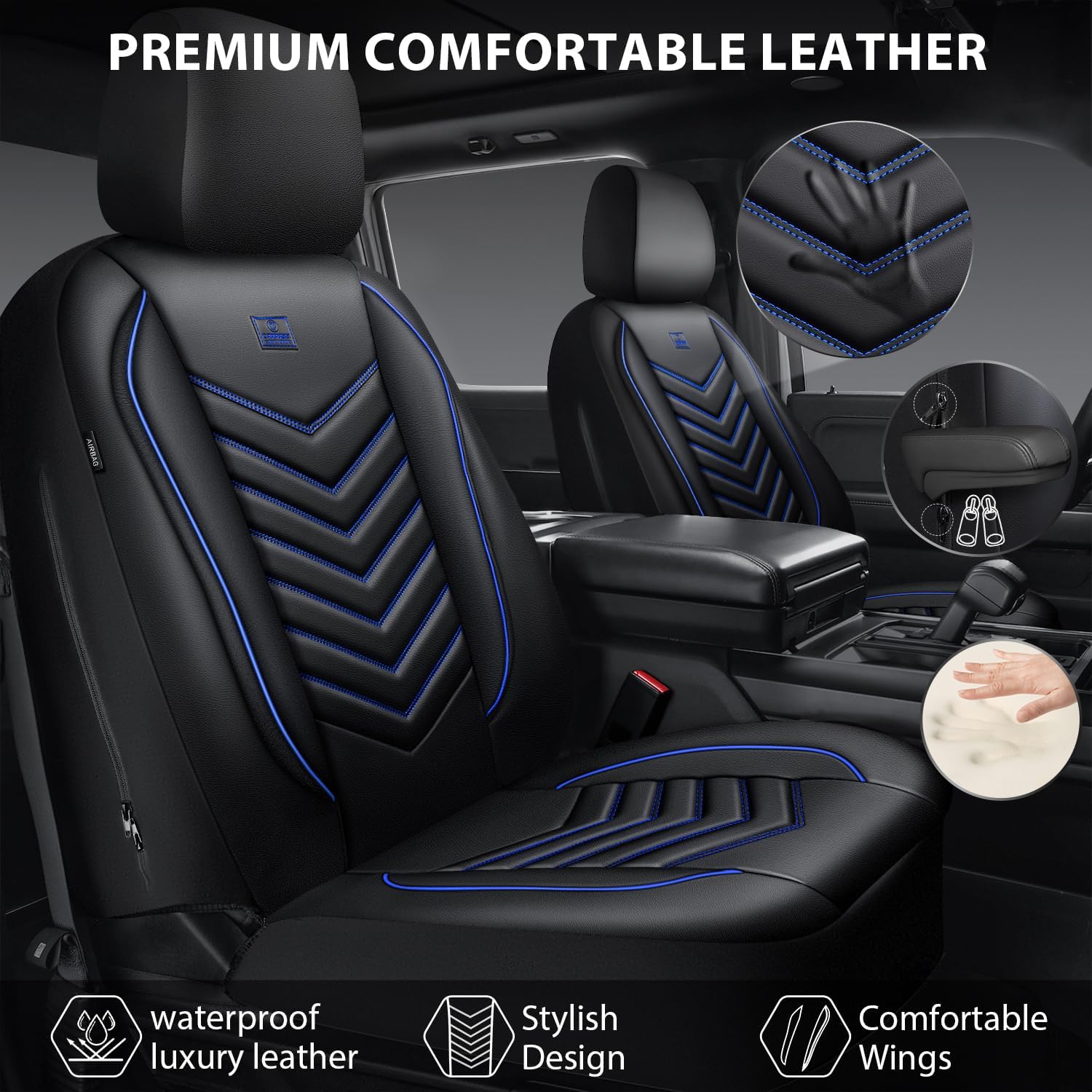 CAR PASS 3D Foam Faux Leather Seat Covers Full Set, Waterproof Leather Seat Cover for Cars, Luxury Universal Fit for SUV Truck Sedan Automotive, Armrest Airbag Compatible Anti-Slip, Black and Blue Black and Blue Full Set